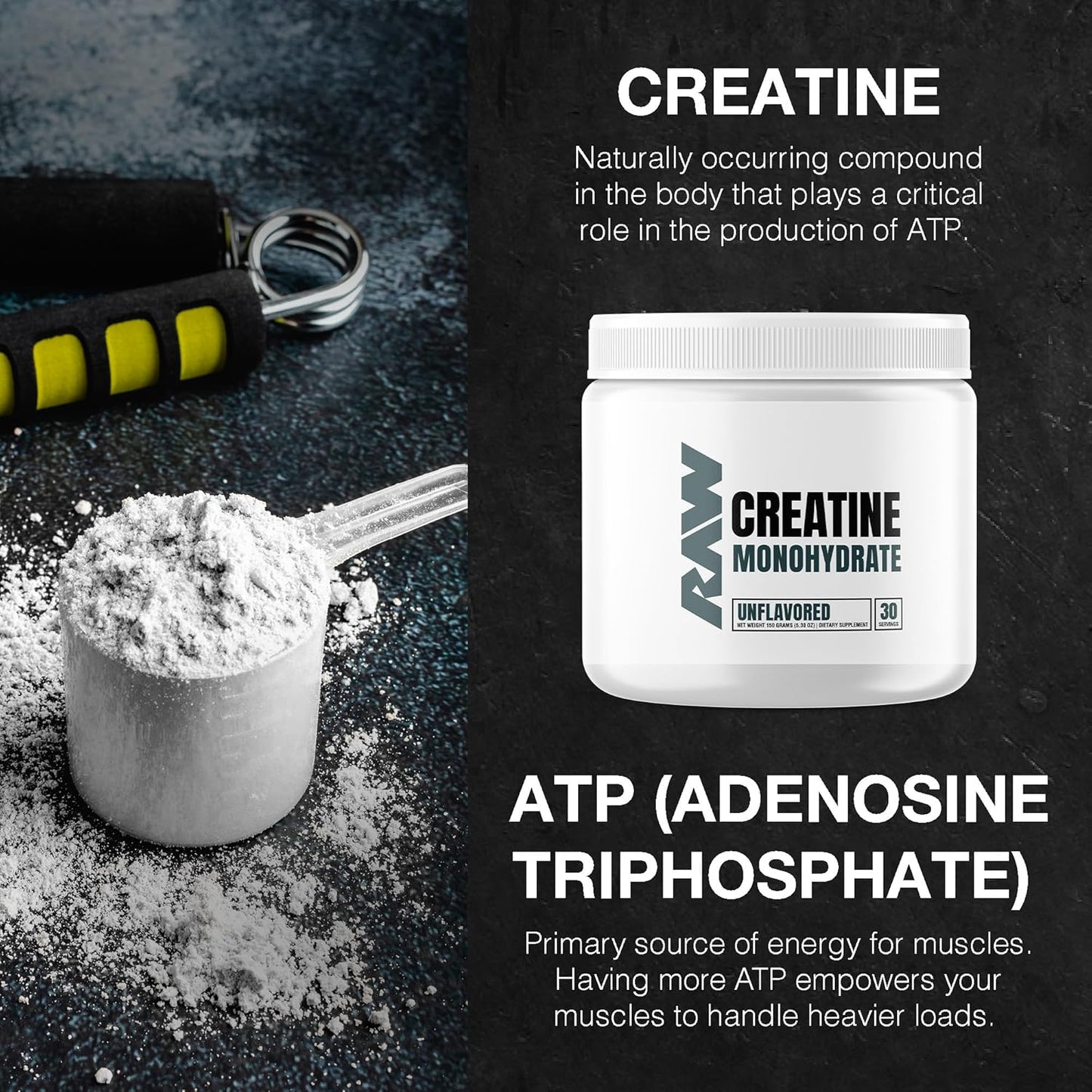 RAW Nutrition Creatine Monohydrate Powder, Unflavored (30 Servings)