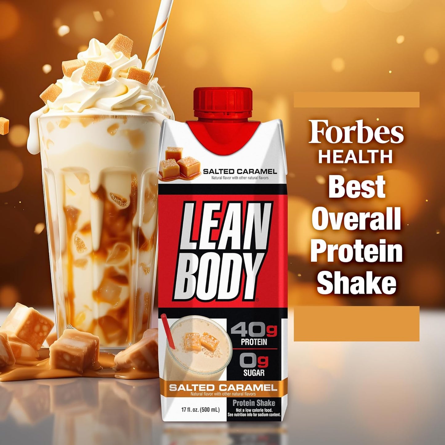 Salted Caramel Lean Body Protein Shake, 0 Sugar, Gluten Free (40g, 17oz, Pack of 12)