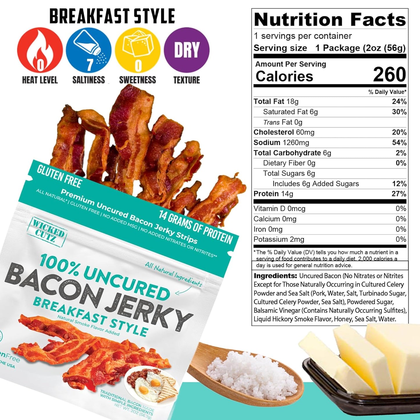 Breakfast Bacon Jerky, Tender & Gluten-Free, 14g Protein, Low Calorie (2 Bags)