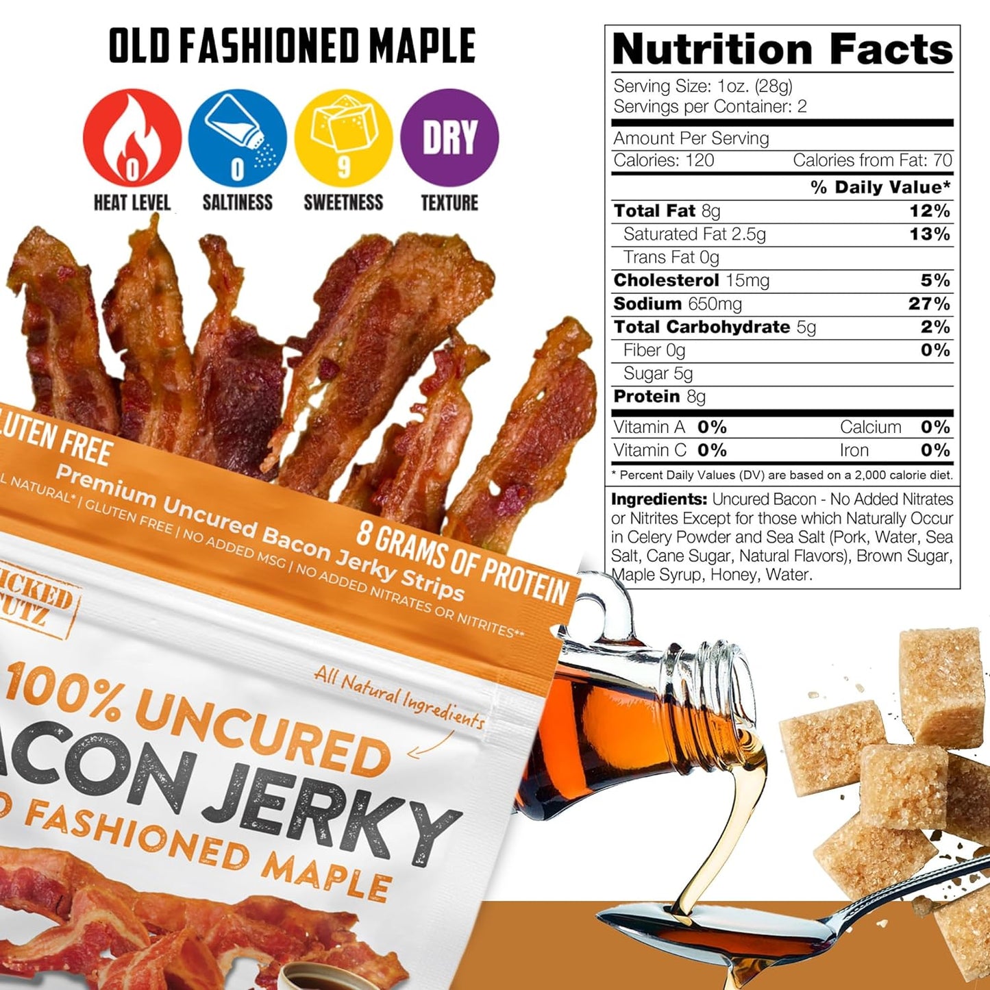Old Fashioned Maple Bacon Jerky - Tender, Uncured, 16g Protein (2 Bags)