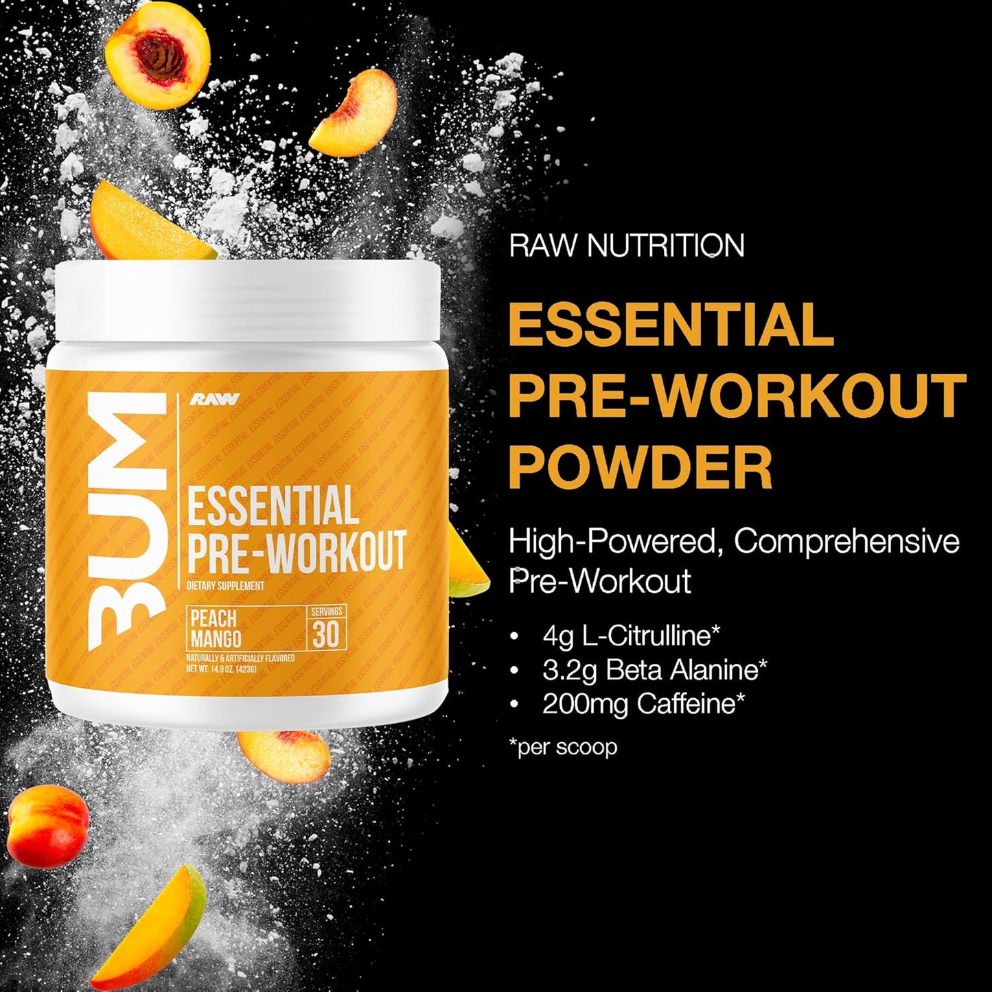 RAW Nutrition Essential Pre - Chris Bumstead Pre-Workout, Peach Mango (40 Servings)