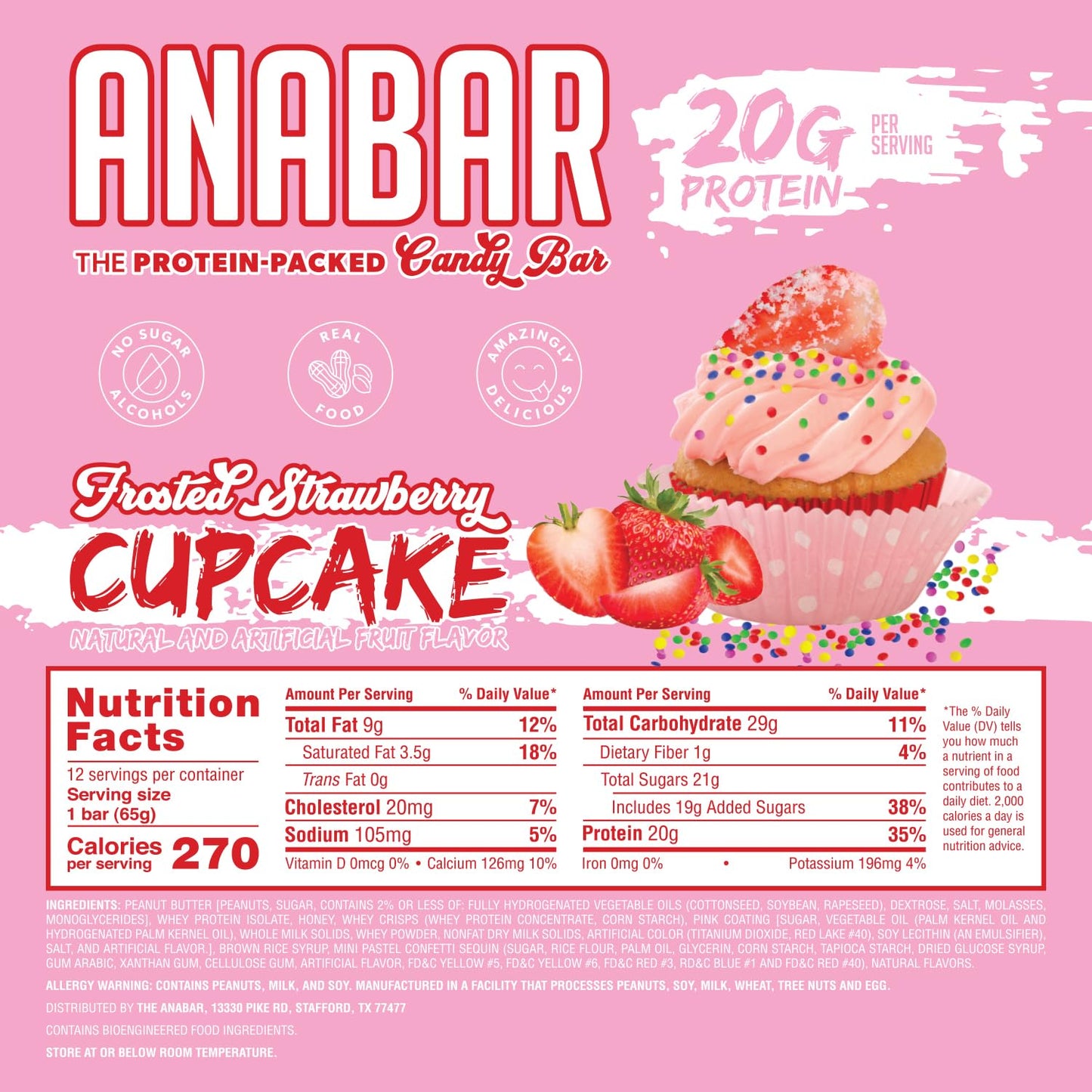 Anabar Protein Bar, 20g Protein, No Sugar Alcohols, Real Food (12 Bars, Strawberry Cupcake)