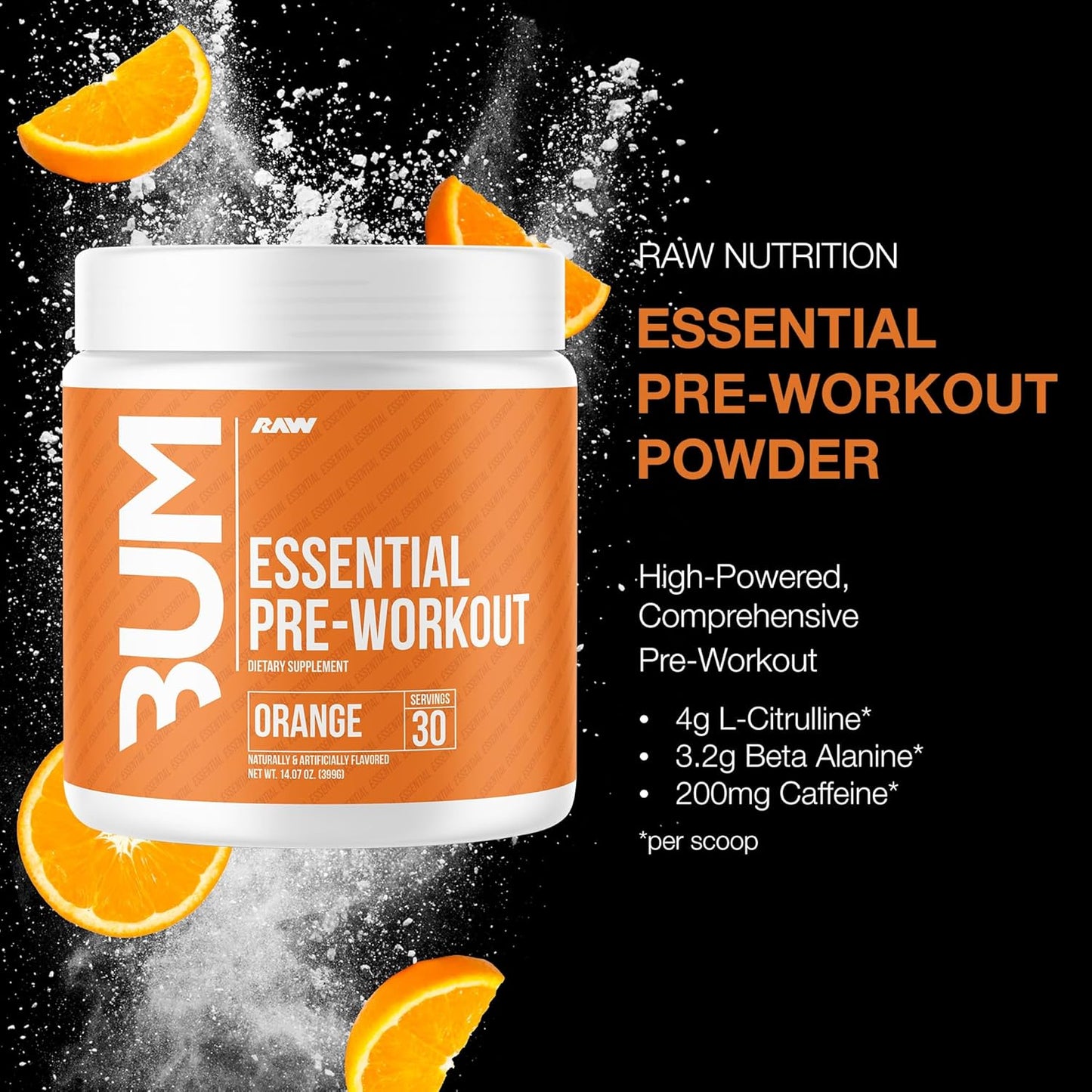 RAW Essential Pre-Workout Powder - Orange, Energy Boost Supplement (40 Servings)