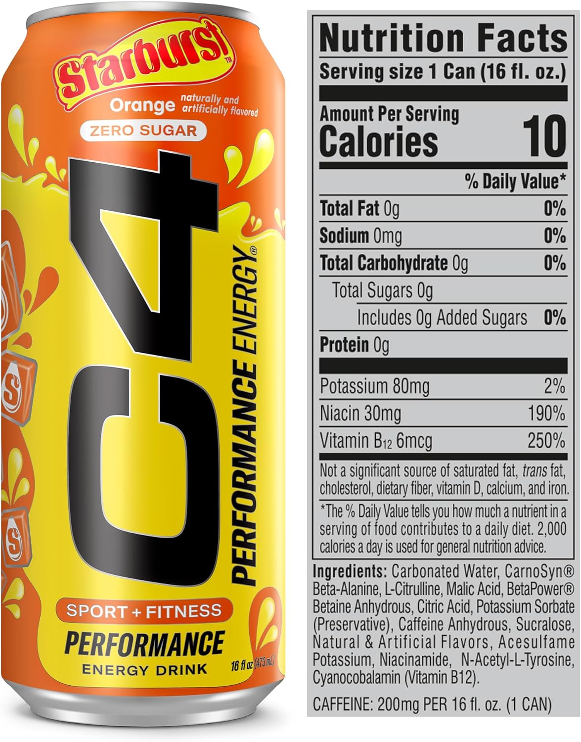 Cellucor C4 Starburst Orange Energy Drink, Zero Sugar, 200mg Caffeine (16oz, 12 Pack)