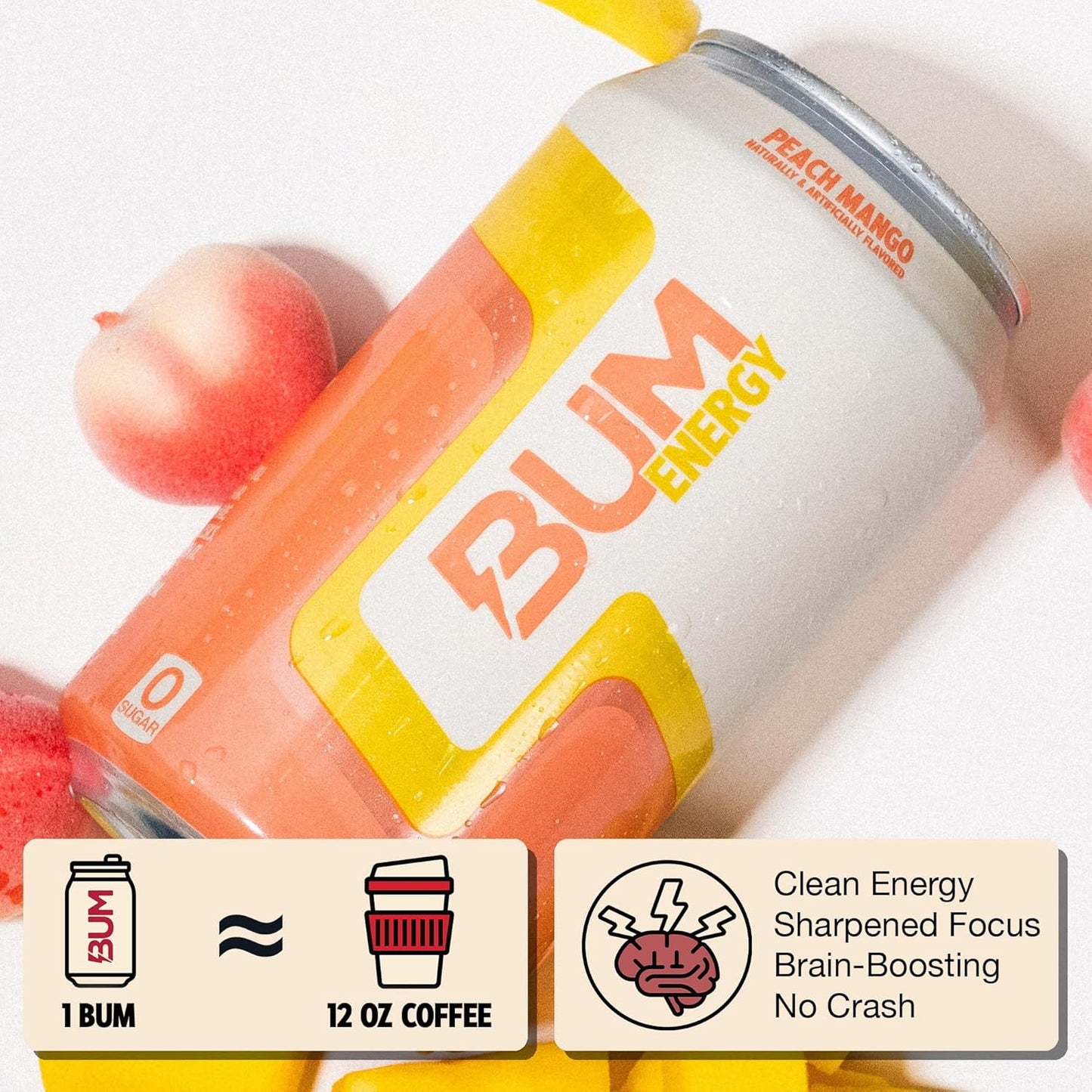BUM Peach Mango Sugar-Free Energy Drink (12 oz, Pack of 12)