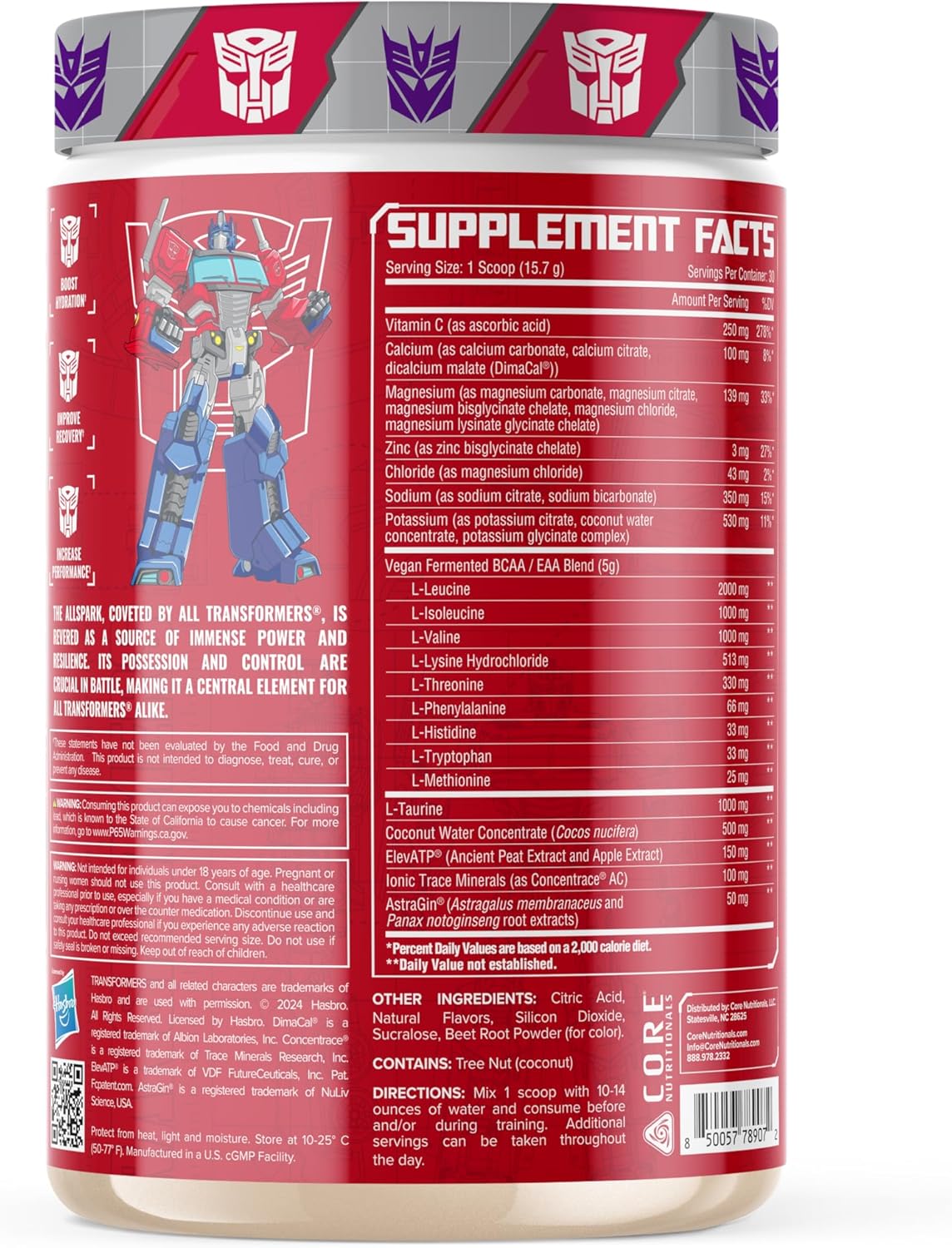 Transformers Allspark Hydration BCAA/EAA by Core Nutritionals with Free Optimus Prime (30 Servings, Mixed Berry Kiwi)
