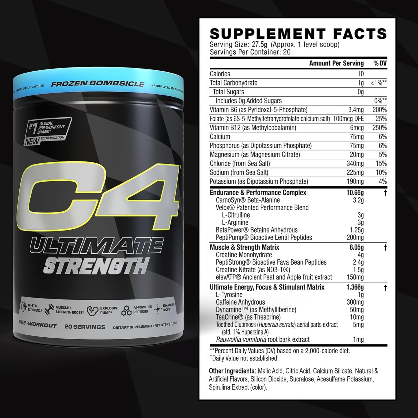 Cellucor C4 Ultimate Pre Workout, 300mg Caffeine + Creatine - Frozen Bombiscle (20 Servings)