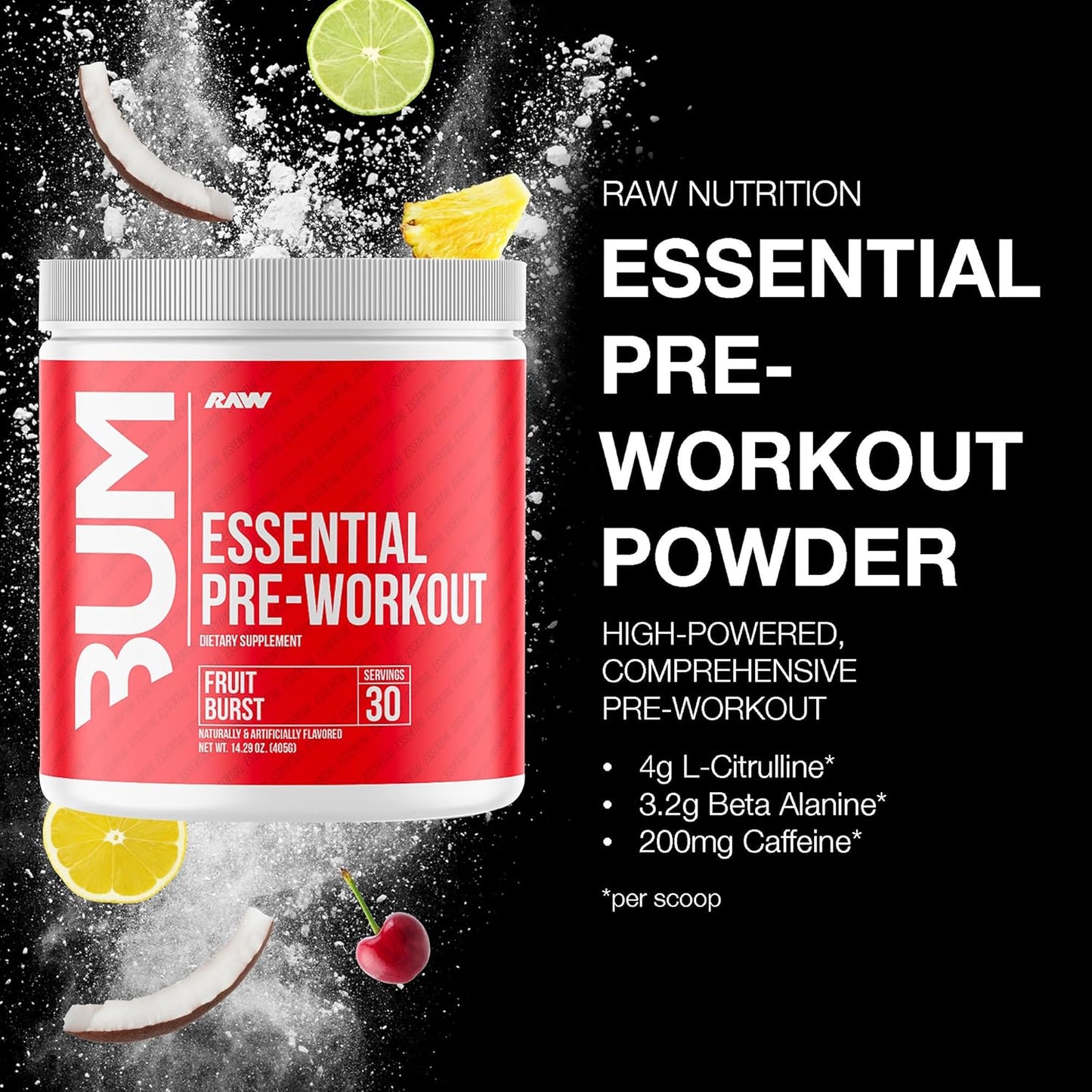 RAW Essential Pre-Workout - Fruit Burst, Energy & Focus Blend (40 Servings)