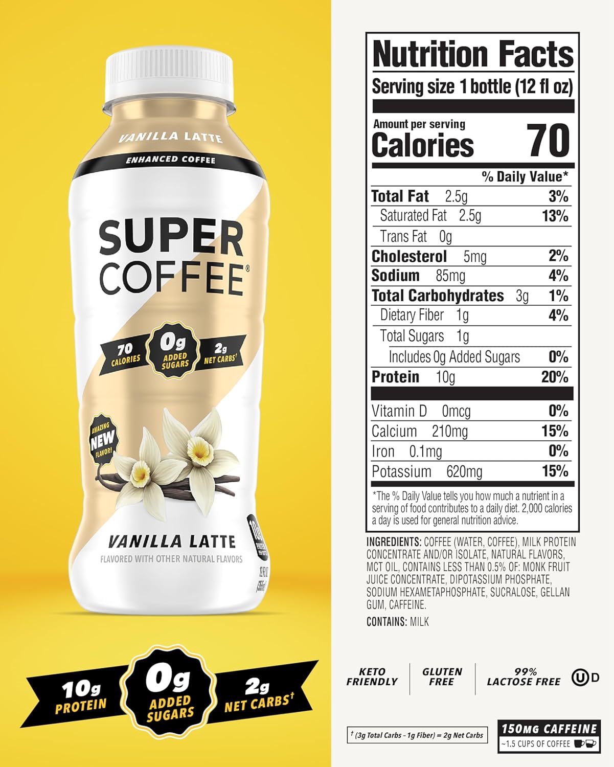 Super Coffee Vanilla Latte, Keto, Low Carb, 10g Protein (12oz, Pack of 12)