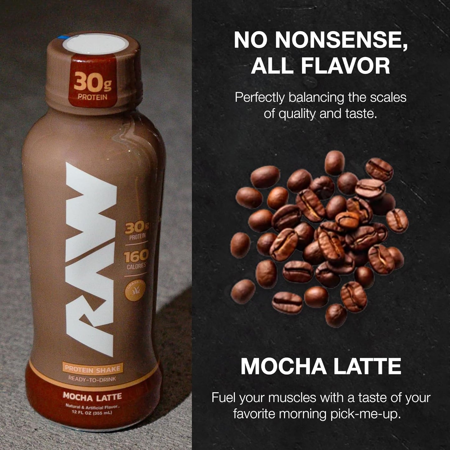 RAW Mocha Latte Protein Shake, Grass-Fed Whey, Zero-Sugar, Gluten-Free (12oz)