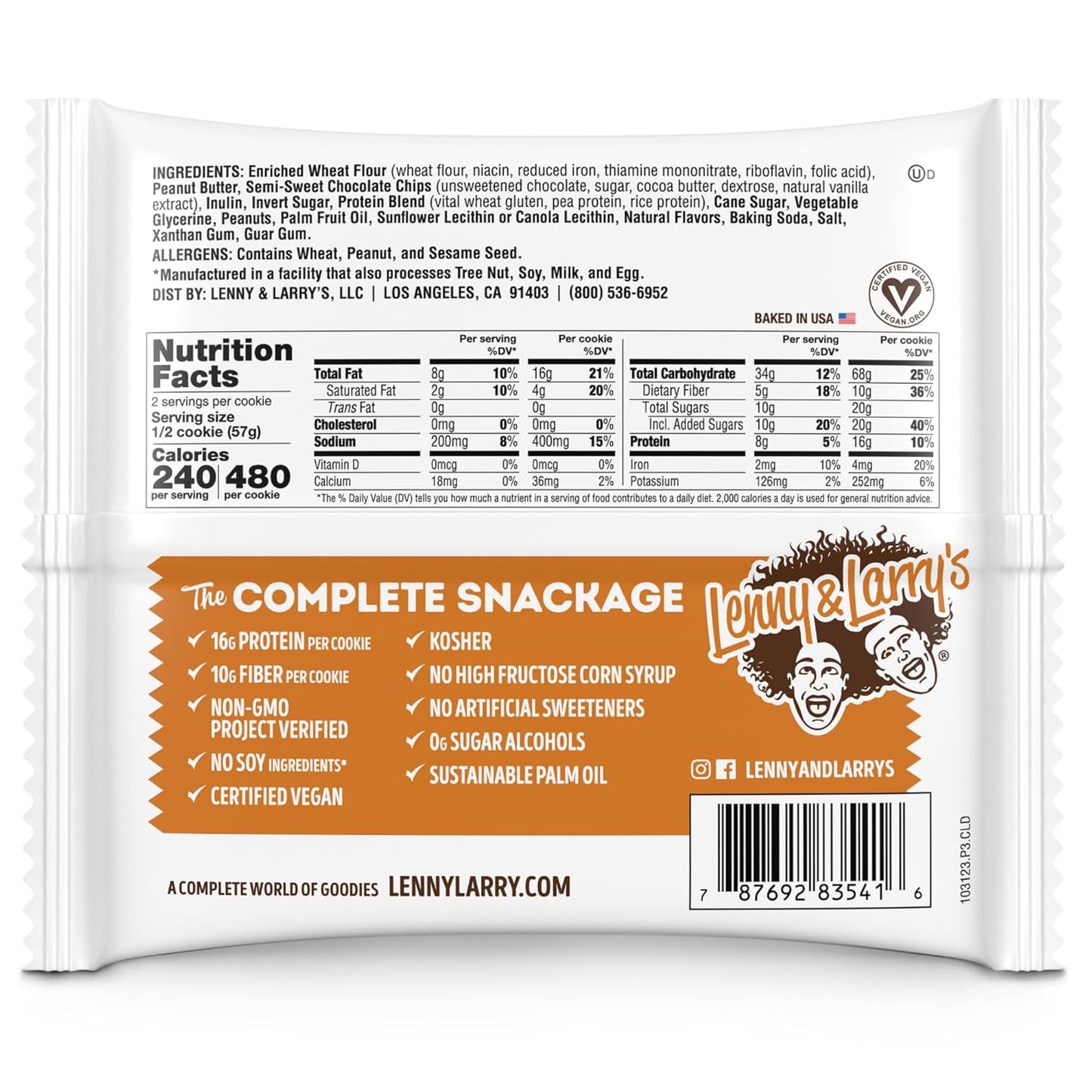 Lenny & Larry's Peanut Butter Choc Chip Protein Cookie, Vegan (12 Pack)