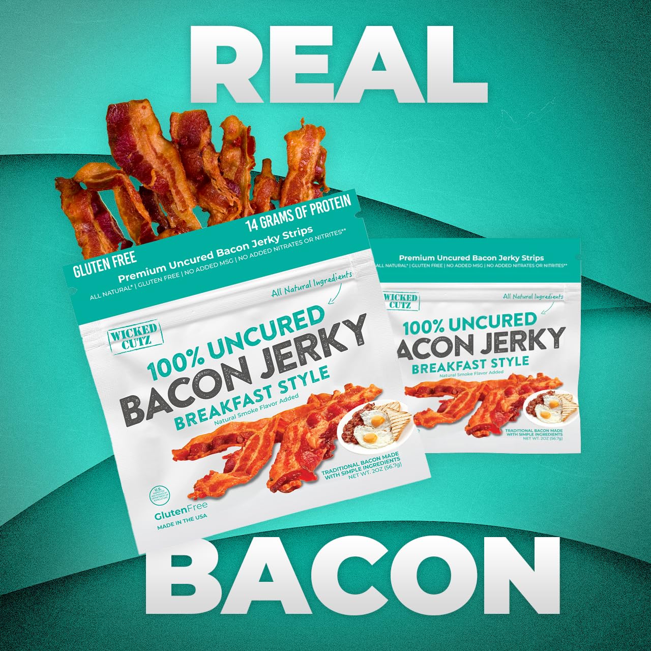 Breakfast Bacon Jerky, Tender & Gluten-Free, 14g Protein, Low Calorie (2 Bags)