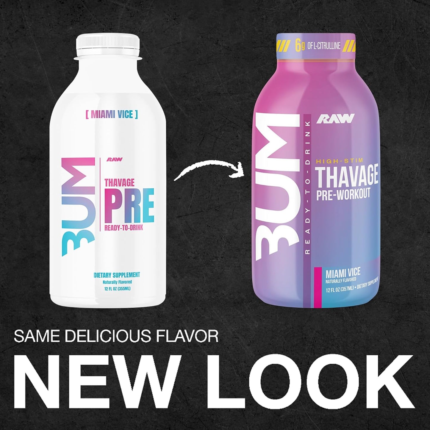 RAW Thavage Pre-Workout RTD - Zero Sugar, Beta Alanine & Caffeine (12 Pack, Miami Vice)