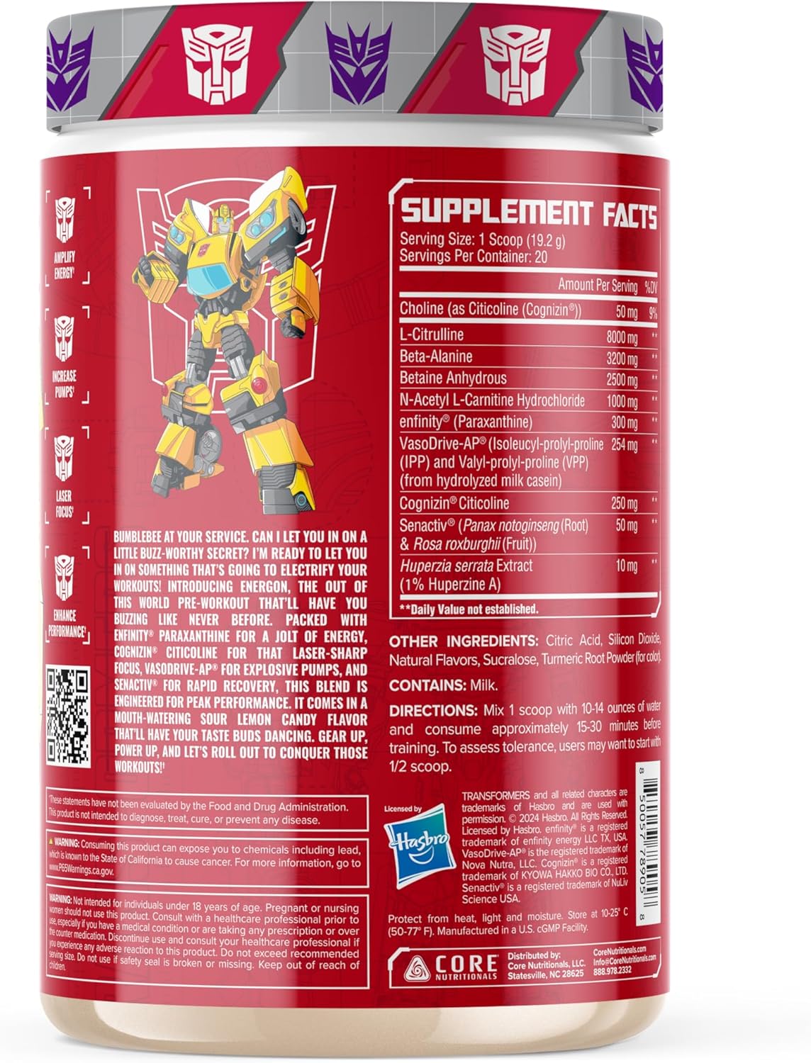 Core Nutritionals Transformers Energon Pre Workout, Sour Lemon Candy (20 Servings)