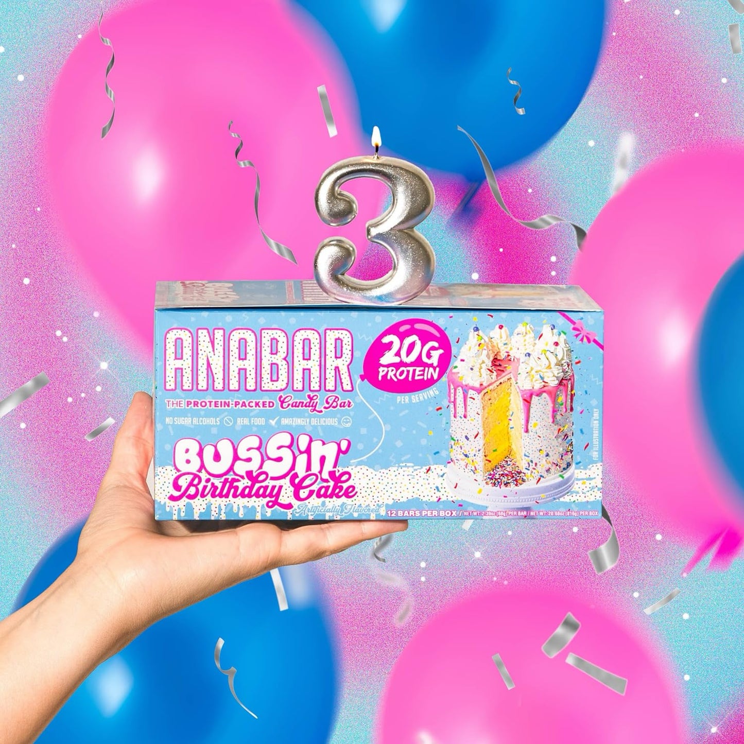Anabar Protein Bar, 20g Protein, No Sugar Alcohols, Birthday Cake (12 Bars)