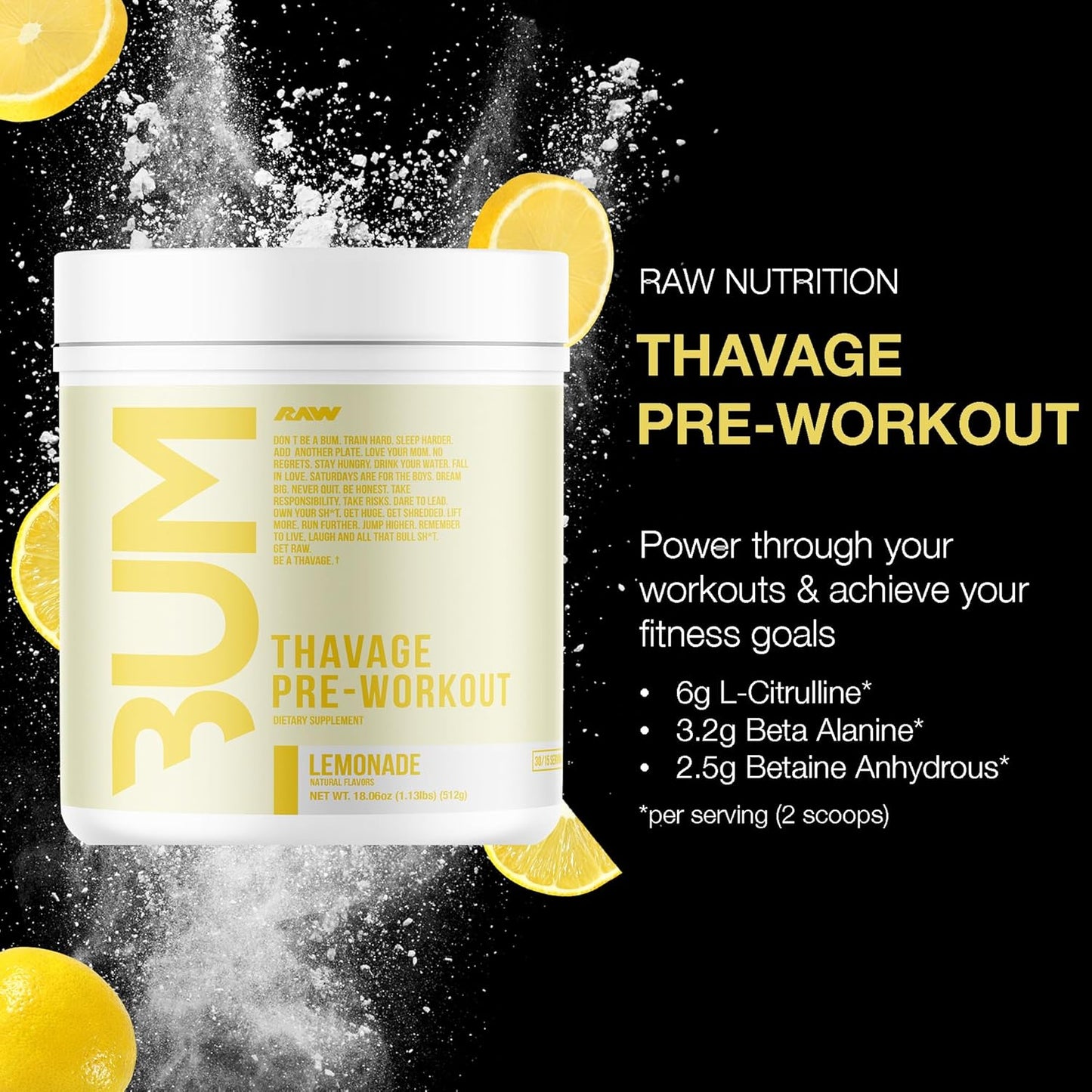 RAW Thavage Preworkout - Lemonade, Cbum Nutrition for Focus & Energy (40 Servings)