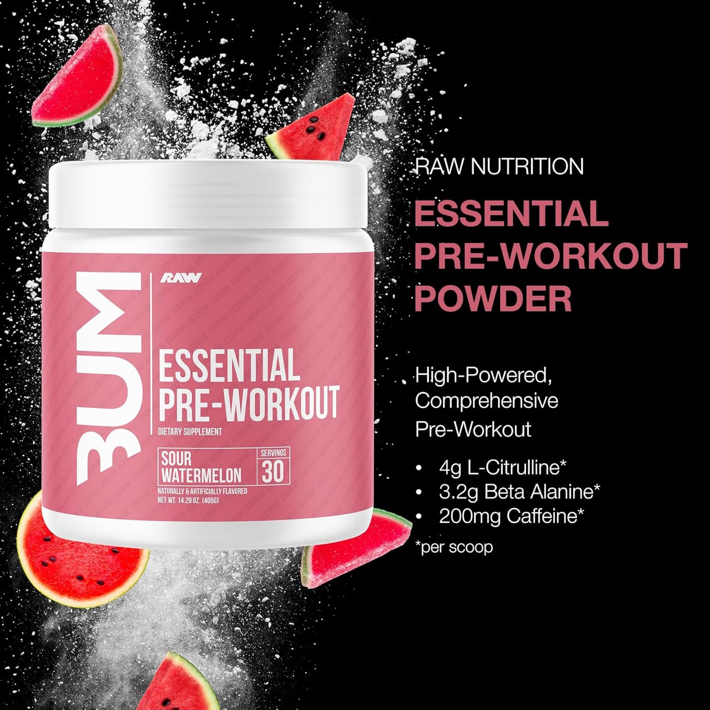RAW Essential Pre-Workout - Sour Watermelon, Energy & Focus Blend (40 Servings)