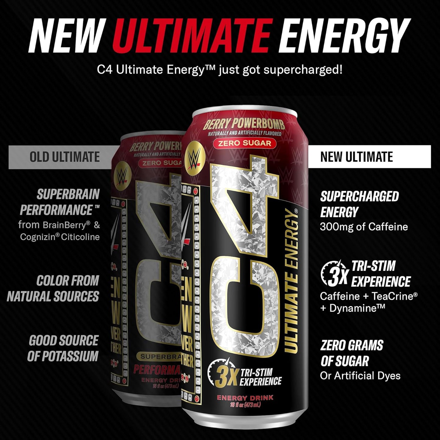 Cellucor C4 Ultimate WWE Berry Powerbomb Pre-Workout Energy Drink, Sugar-Free with 300mg Caffeine, TeaCrine, Dynamine (16oz, Pack of 12)