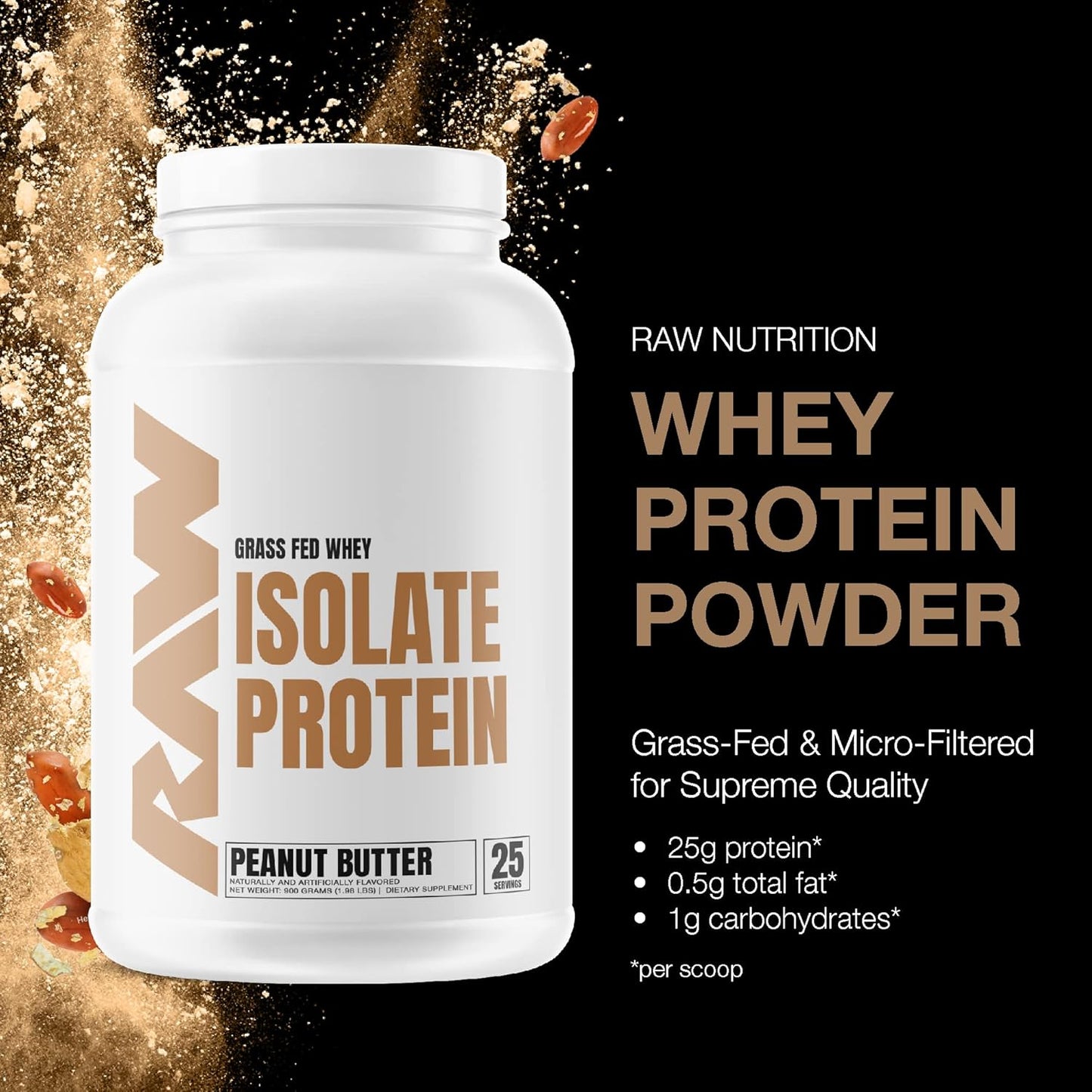 RAW Grass-Fed Whey Isolate, Peanut Butter - Low Fat/Carb, 25 Servings (1.6lb)