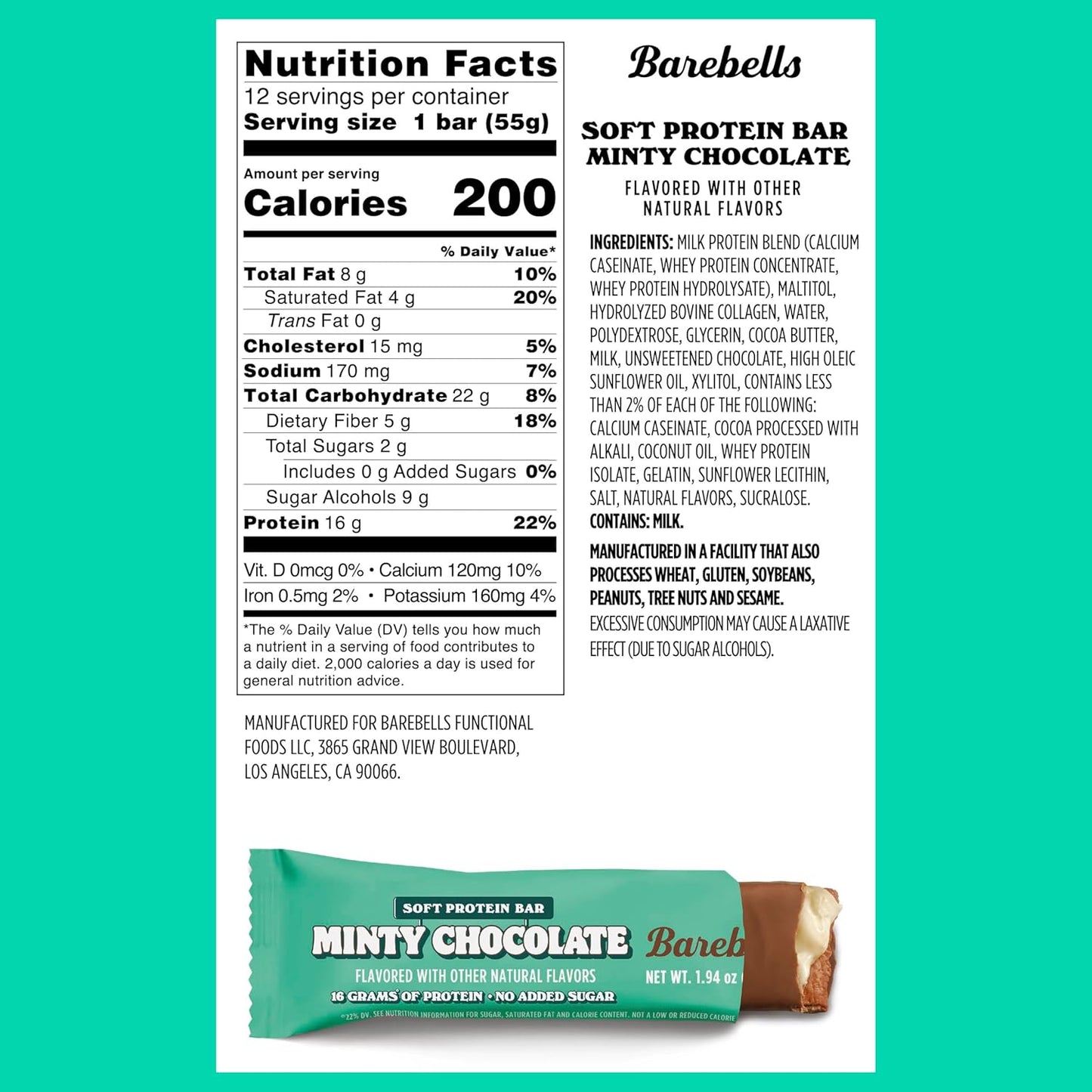 Barebells Mint Chocolate Protein Bars, 16g Protein, 2g Sugar (12 Pack, 1.94oz)