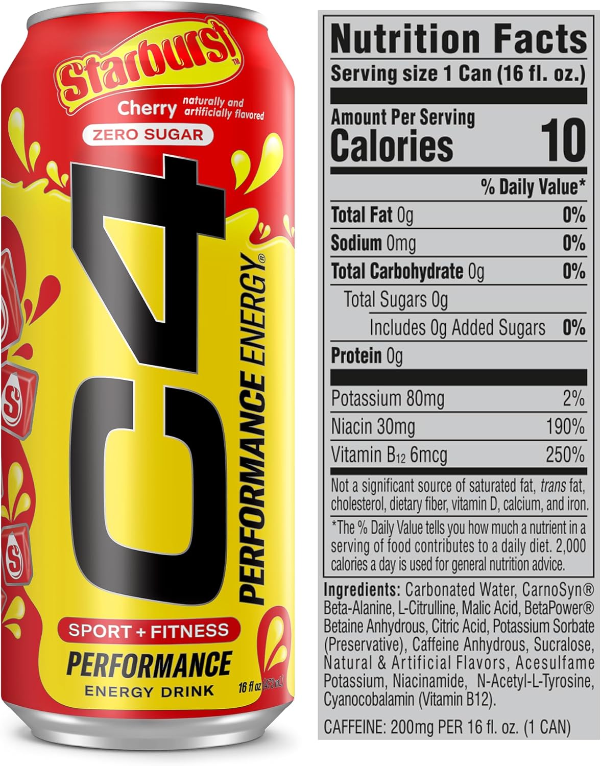 Cellucor C4 Starburst Cherry Energy Drink, Zero Sugar, 200mg Caffeine (16 Fl Oz, 12 Pack)