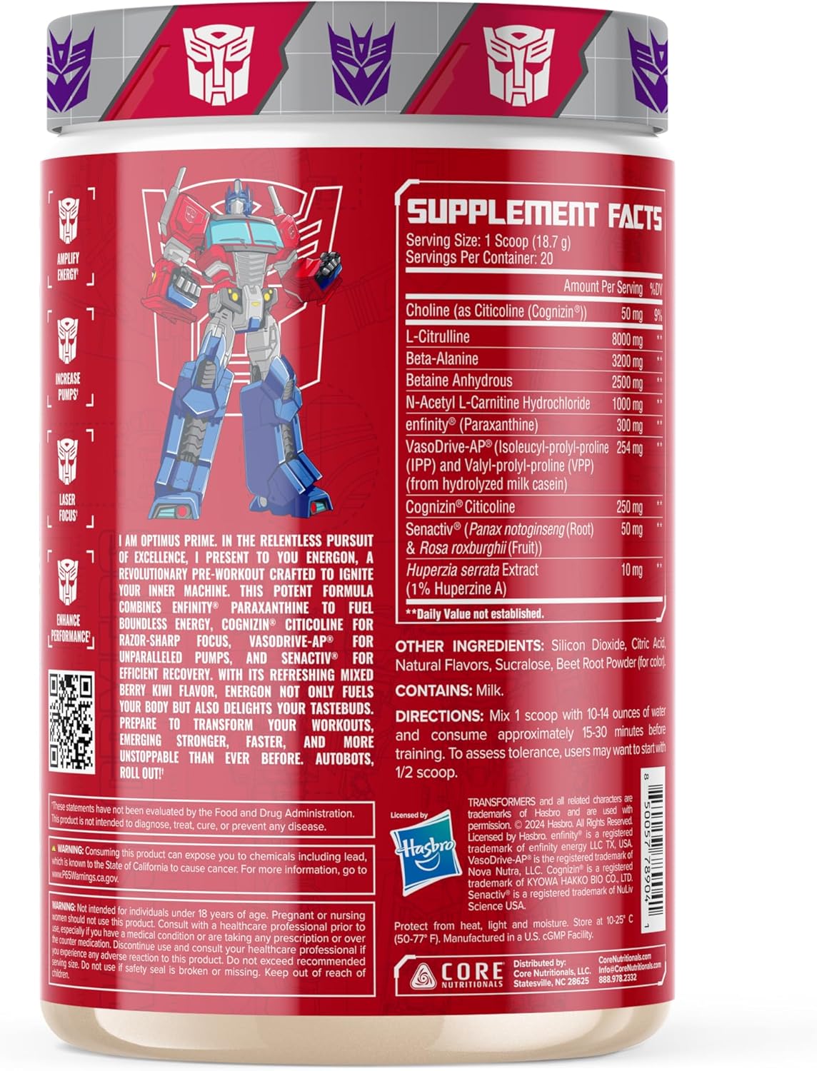 Core Nutritionals Transformers Energon Pre Workout, Mixed Berry Kiwi (20 Servings)