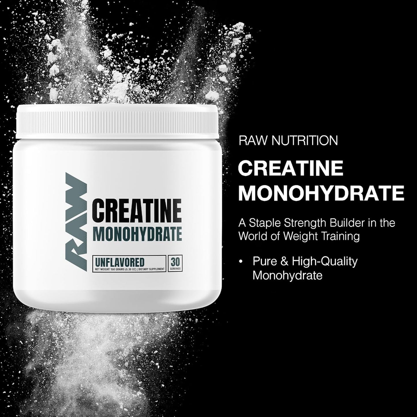 RAW Nutrition Creatine Monohydrate Powder, Unflavored (30 Servings)