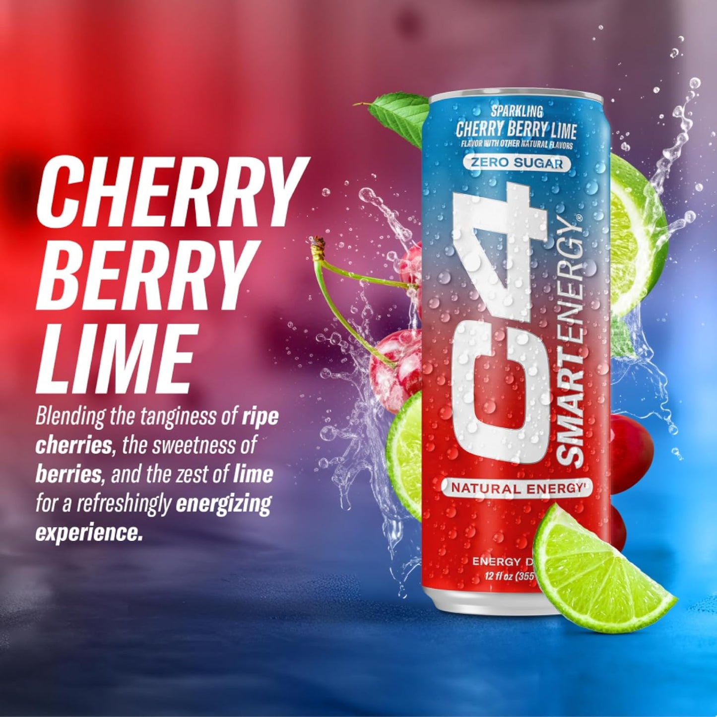 Cellucor C4 Smart Energy Drink, Cherry Berry Lime - Focus & Energy Boost, Zero Sugar (12oz, Pack of 12)