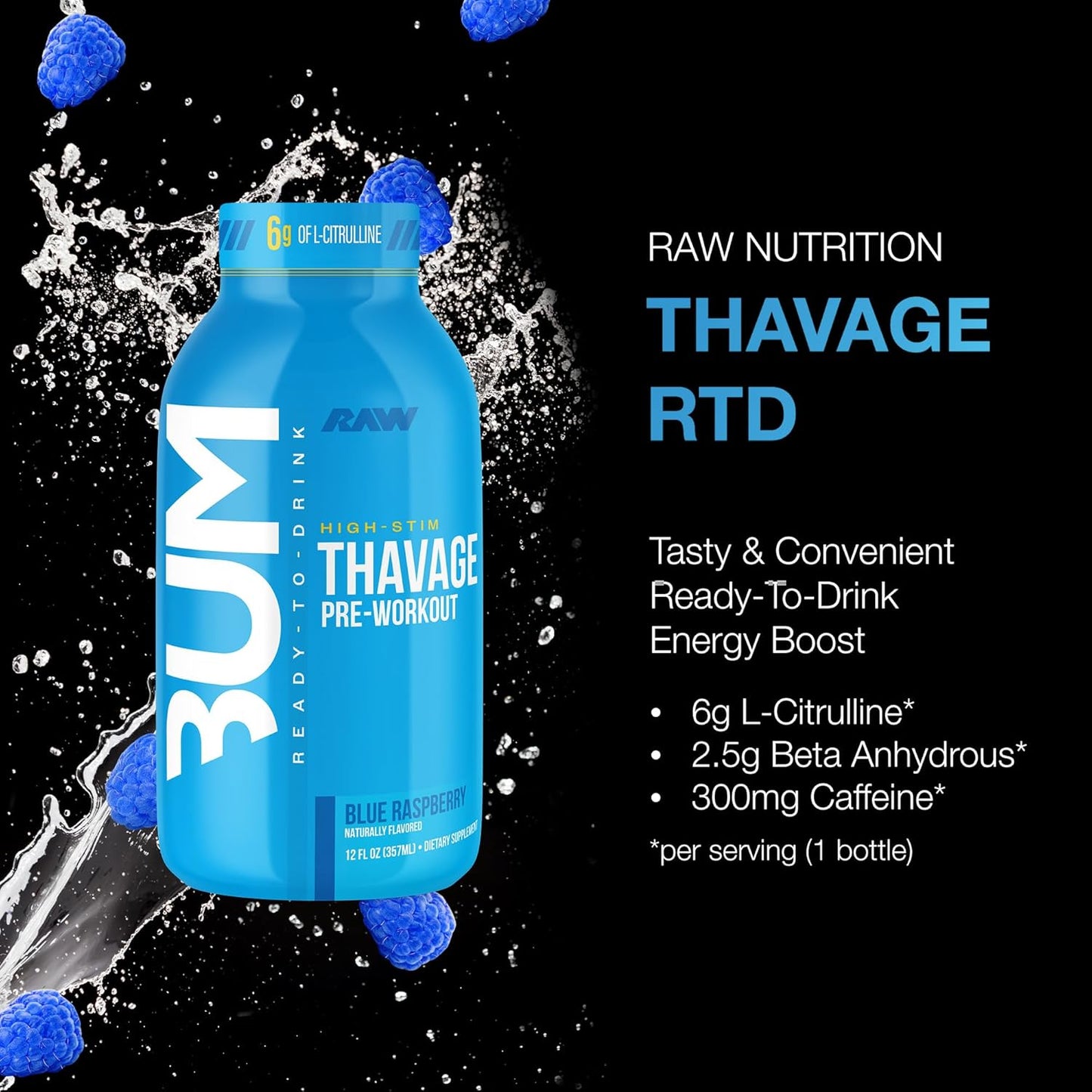 RAW Thavage Pre-Workout RTD - Zero Sugar, Blue Raspberry (12 Pack)