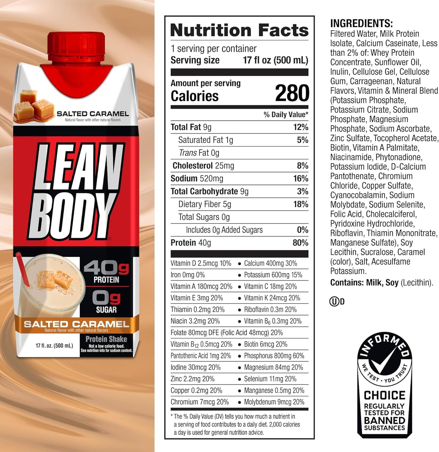 Salted Caramel Lean Body Protein Shake, 0 Sugar, Gluten Free (40g, 17oz, Pack of 12)