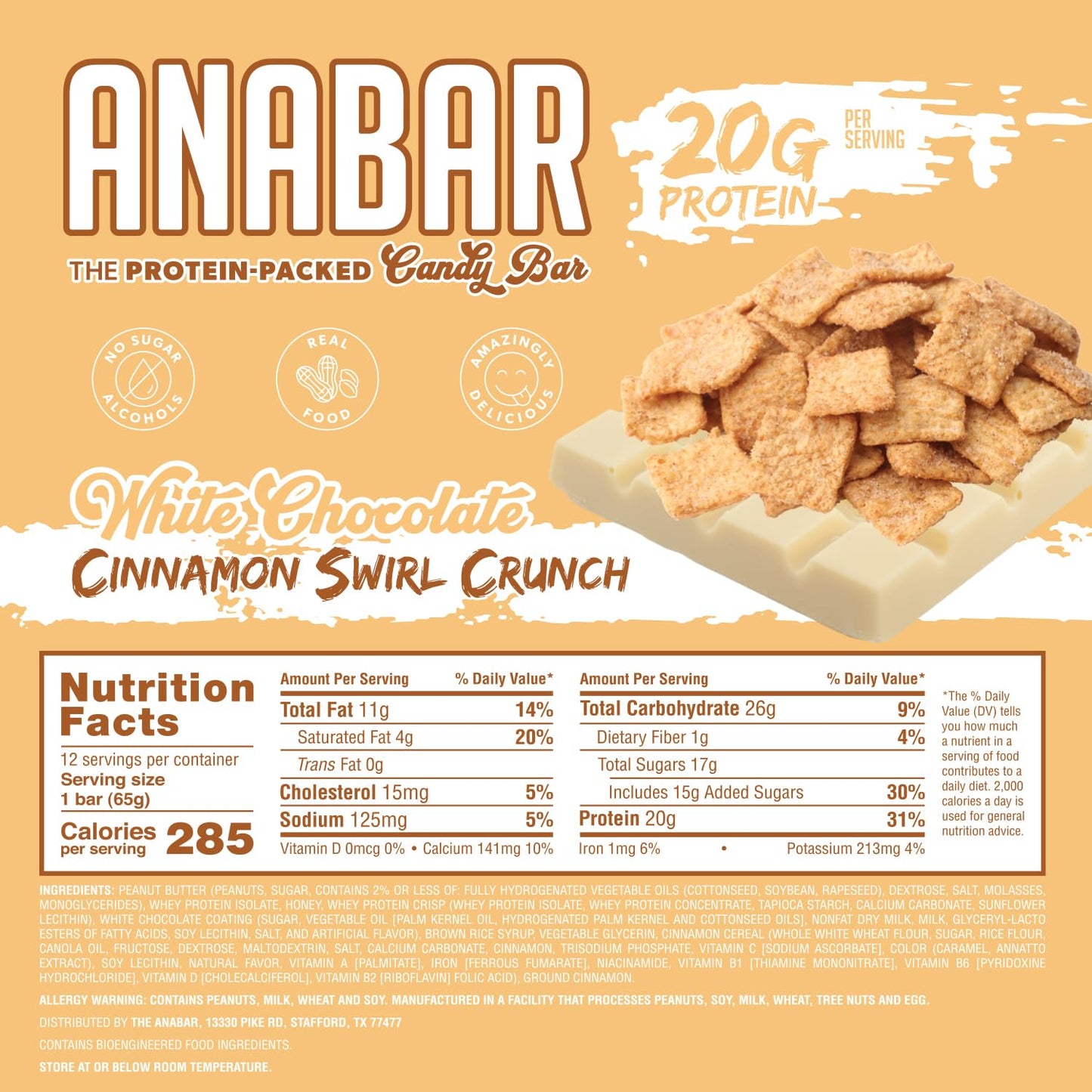 Anabar Protein Bar, 20g Protein, No Sugar Alcohols, Real Food (12 Bars, White Chocolate Cinnamon Swirl)