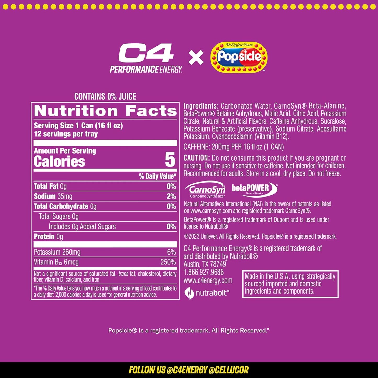 Cellucor C4 POPSICLE Grape Energy Drink, Sugar-Free Pre-Workout (16 Oz, Pack of 12)