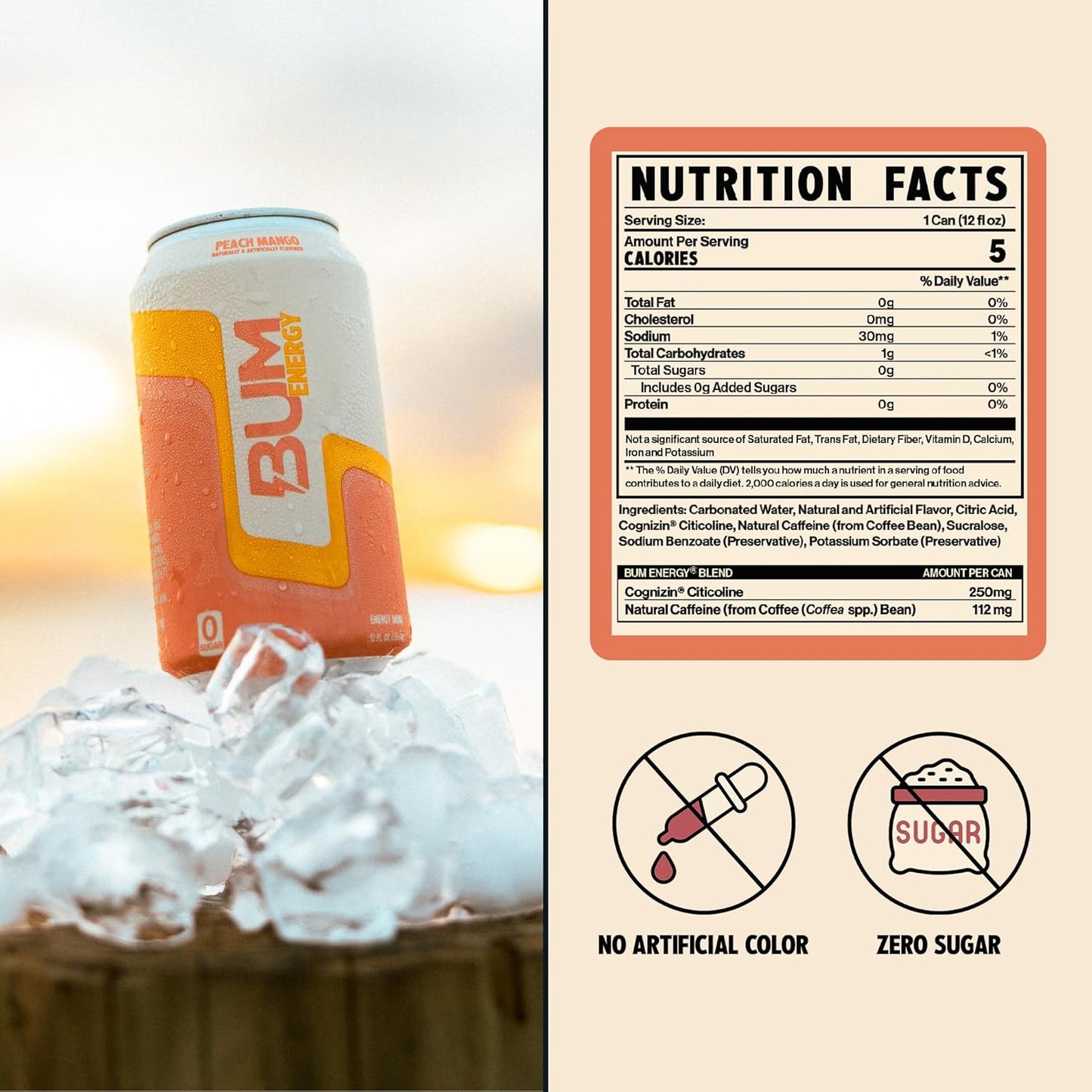 BUM Peach Mango Sugar-Free Energy Drink (12 oz, Pack of 12)