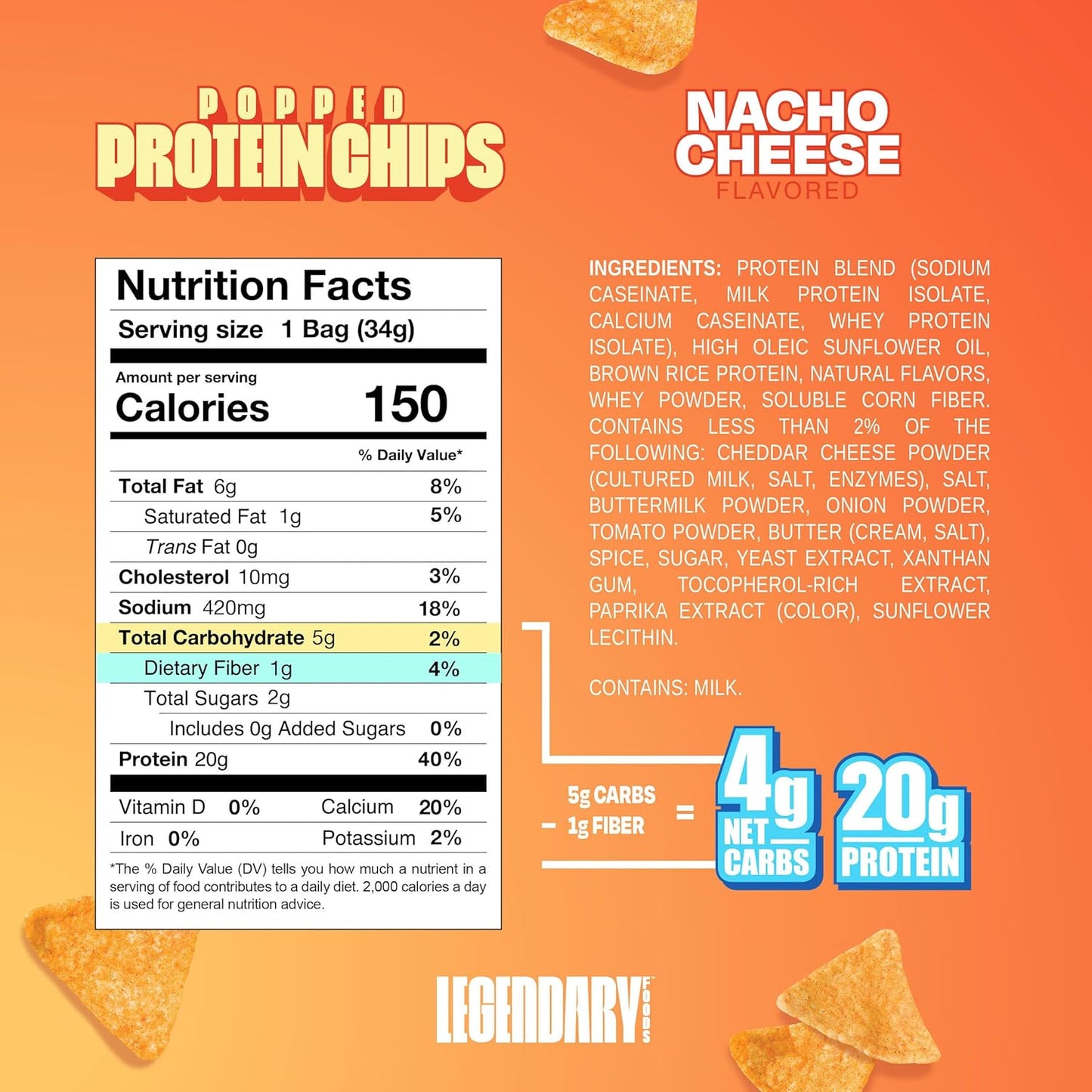 Legendary Foods Keto & Gluten-Free Protein Chips, Nacho Flavor (7x1.2oz)