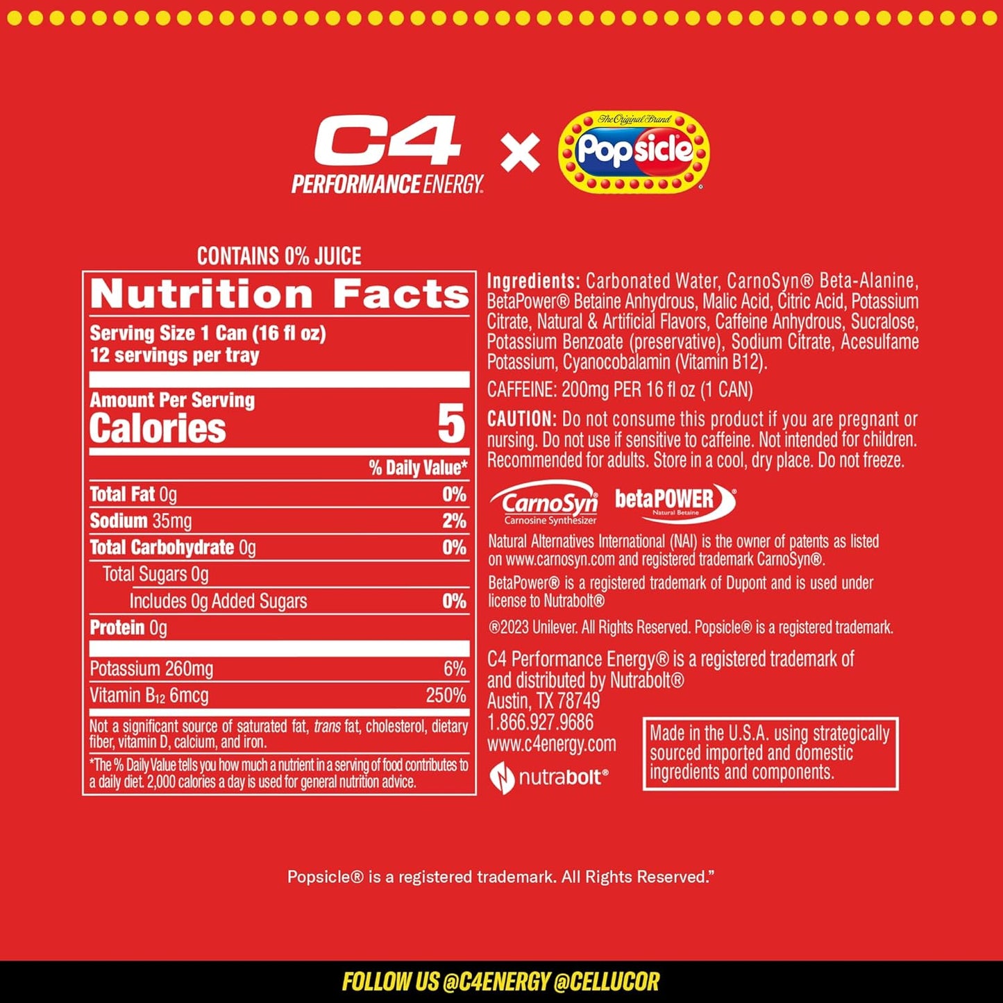 Cellucor C4 Energy x POPSICLE Cherry, Sugar-Free Pre-Workout Drink (16oz, 12pk)