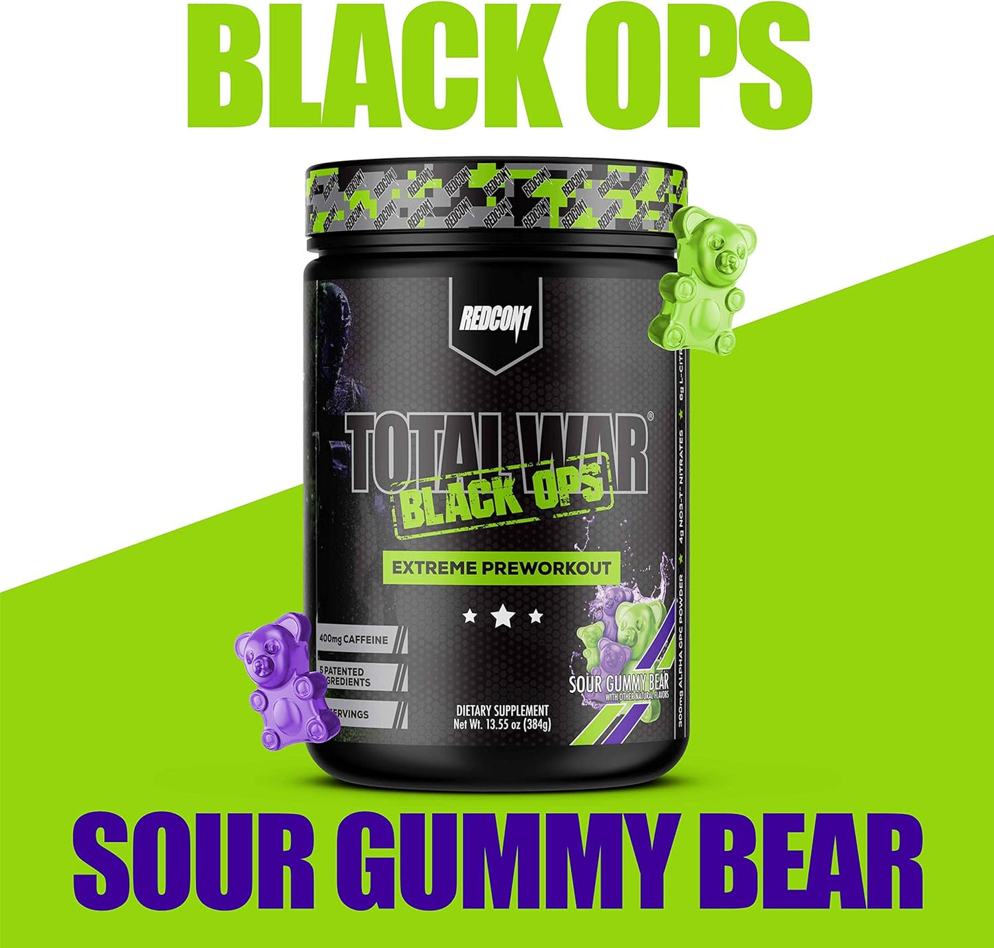 REDCON1 Total War Black Ops Preworkout, Sour Gummy Bear, 400mg Caffeine (20 Servings)