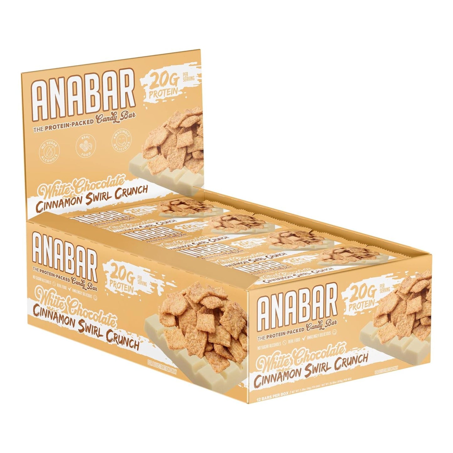 Anabar Protein Bar, 20g Protein, No Sugar Alcohols, Real Food (12 Bars, White Chocolate Cinnamon Swirl)