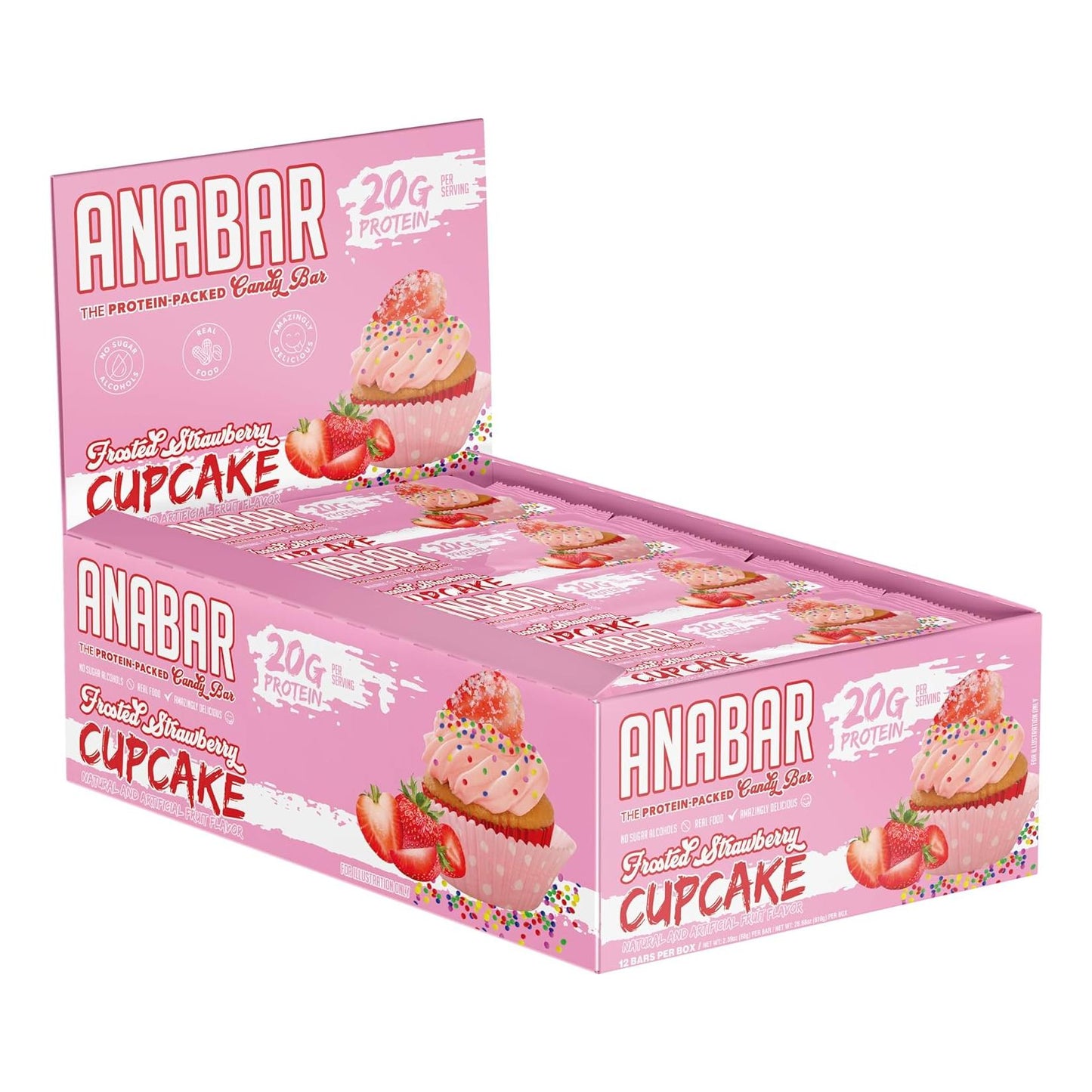 Anabar Protein Bar, 20g Protein, No Sugar Alcohols, Real Food (12 Bars, Strawberry Cupcake)