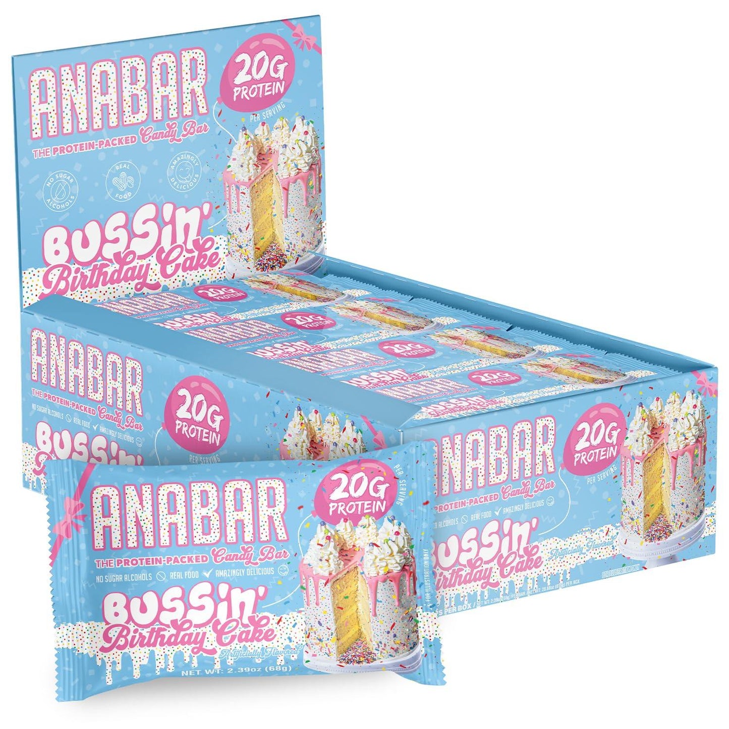 Anabar Protein Bar, 20g Protein, No Sugar Alcohols, Birthday Cake (12 Bars)