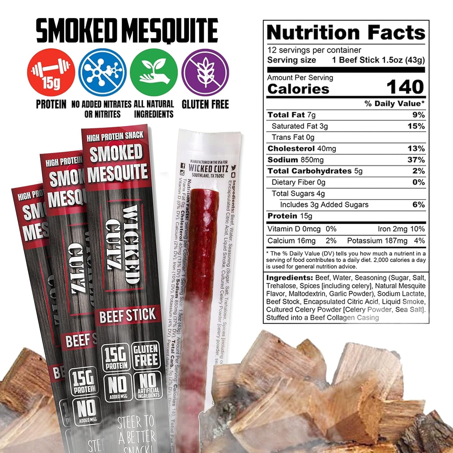 Mesquite Smoked Beef Jerky Sticks - Tender, High Protein, Low Carb, Gluten Free (12 Pack, Extra Large)