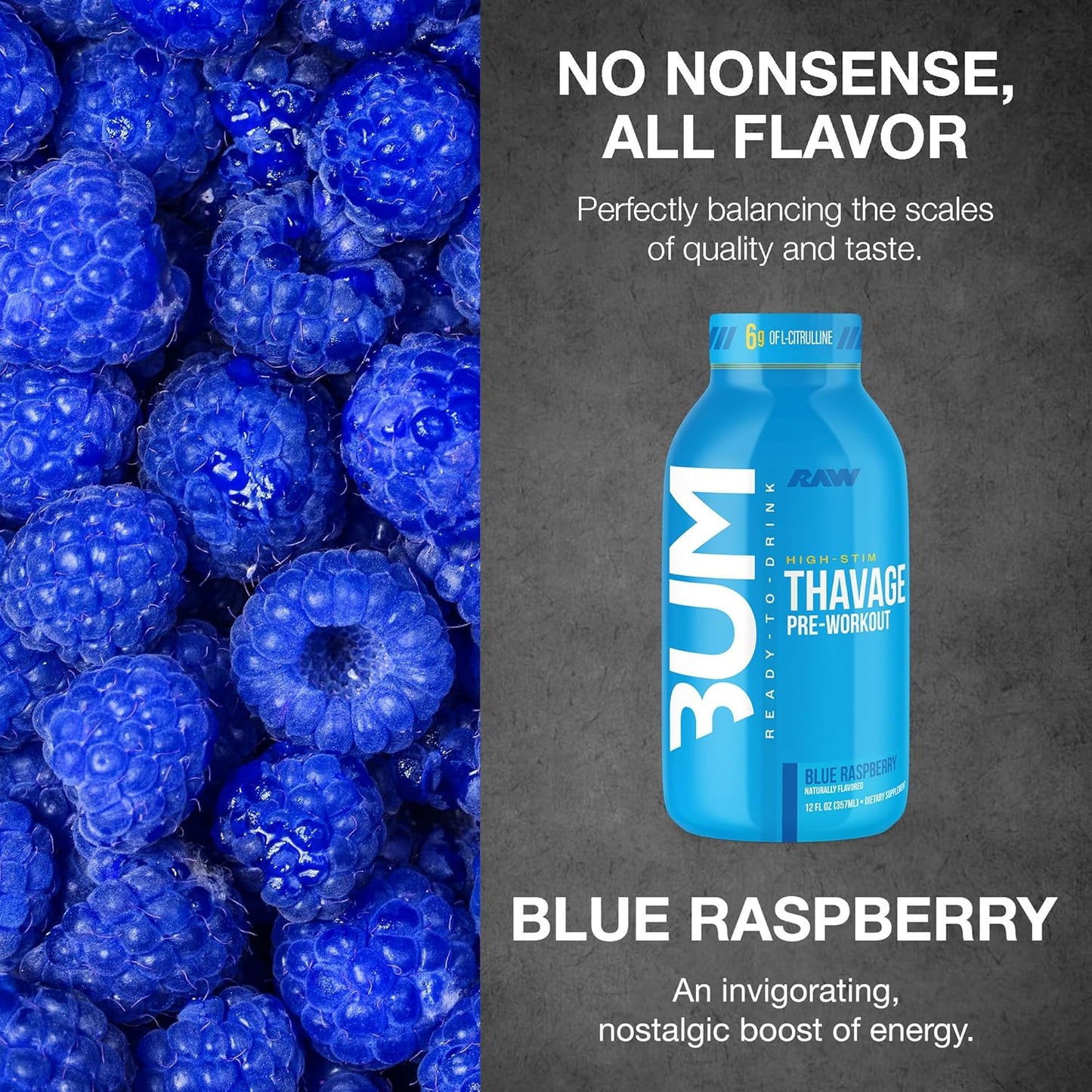 RAW Thavage Pre-Workout RTD - Zero Sugar, Blue Raspberry (12 Pack)