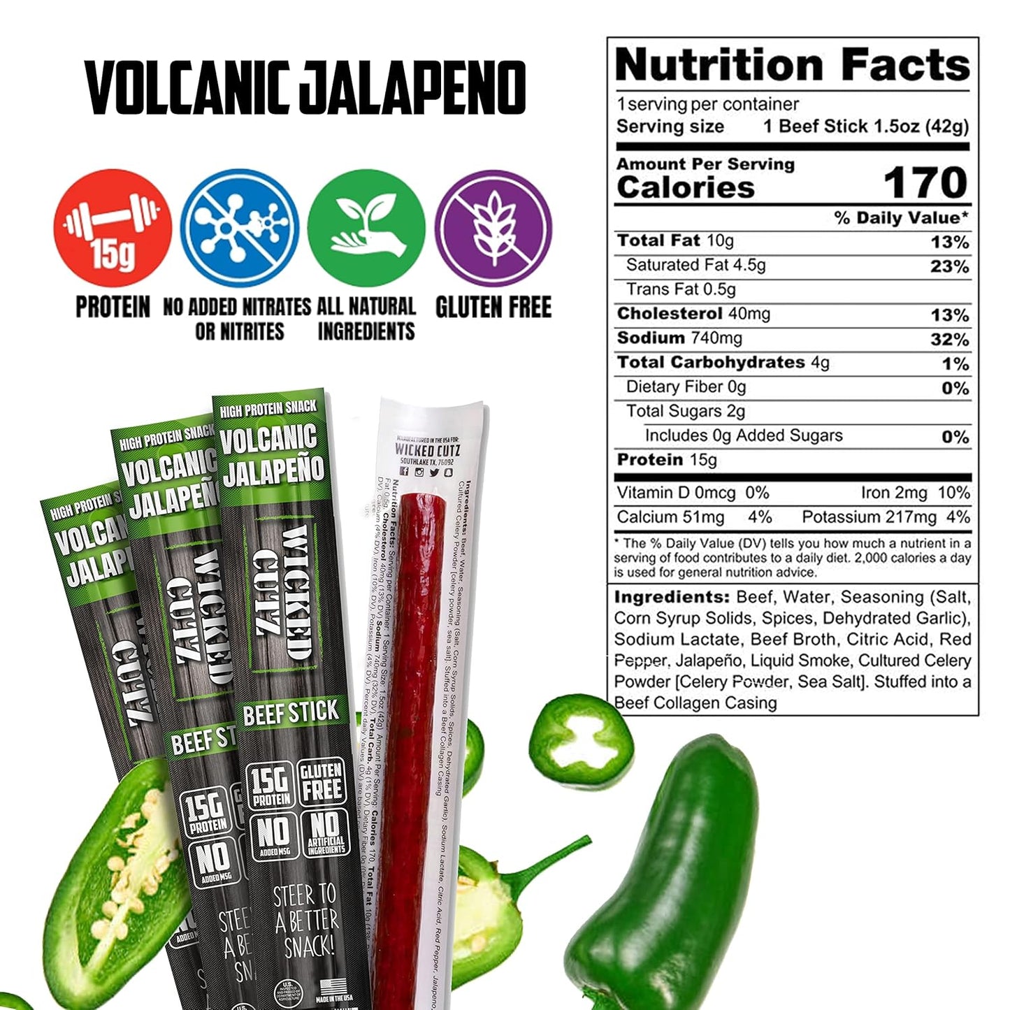 Spicy Volcanic Jalapeno Beef Sticks - High Protein, Gluten Free (12 Sticks)