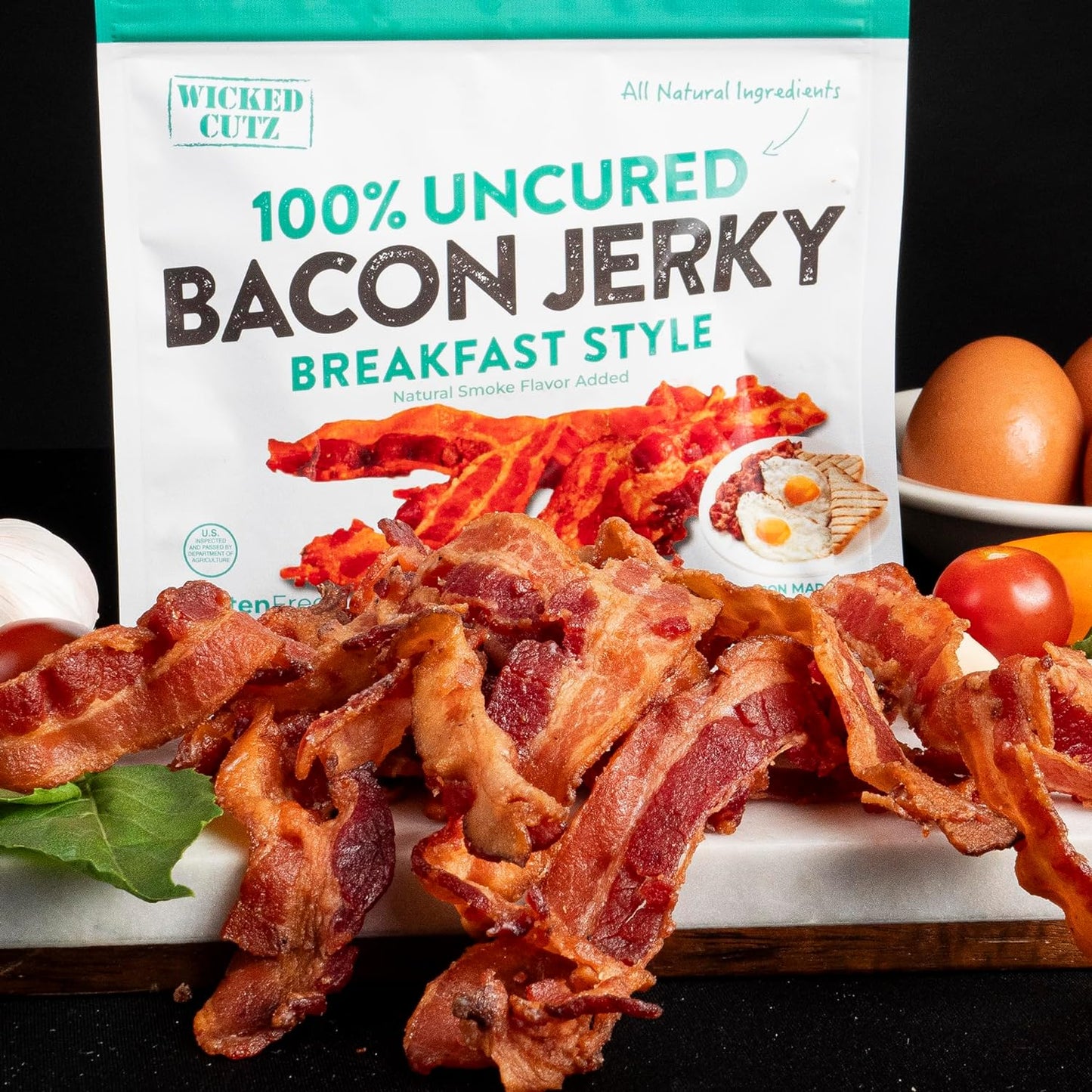 Breakfast Bacon Jerky, Tender & Gluten-Free, 14g Protein, Low Calorie (2 Bags)