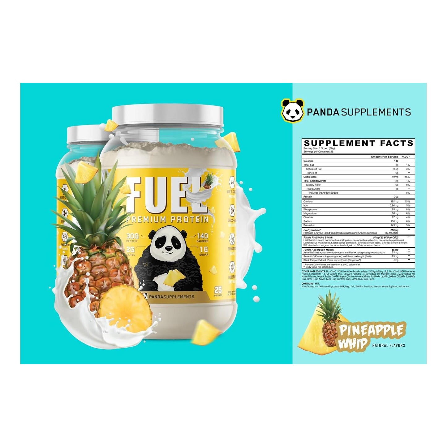 Panda Fuel Premium Protein, Collagen, Probiotics, Keto (2.5lb, Pineapple Whip)