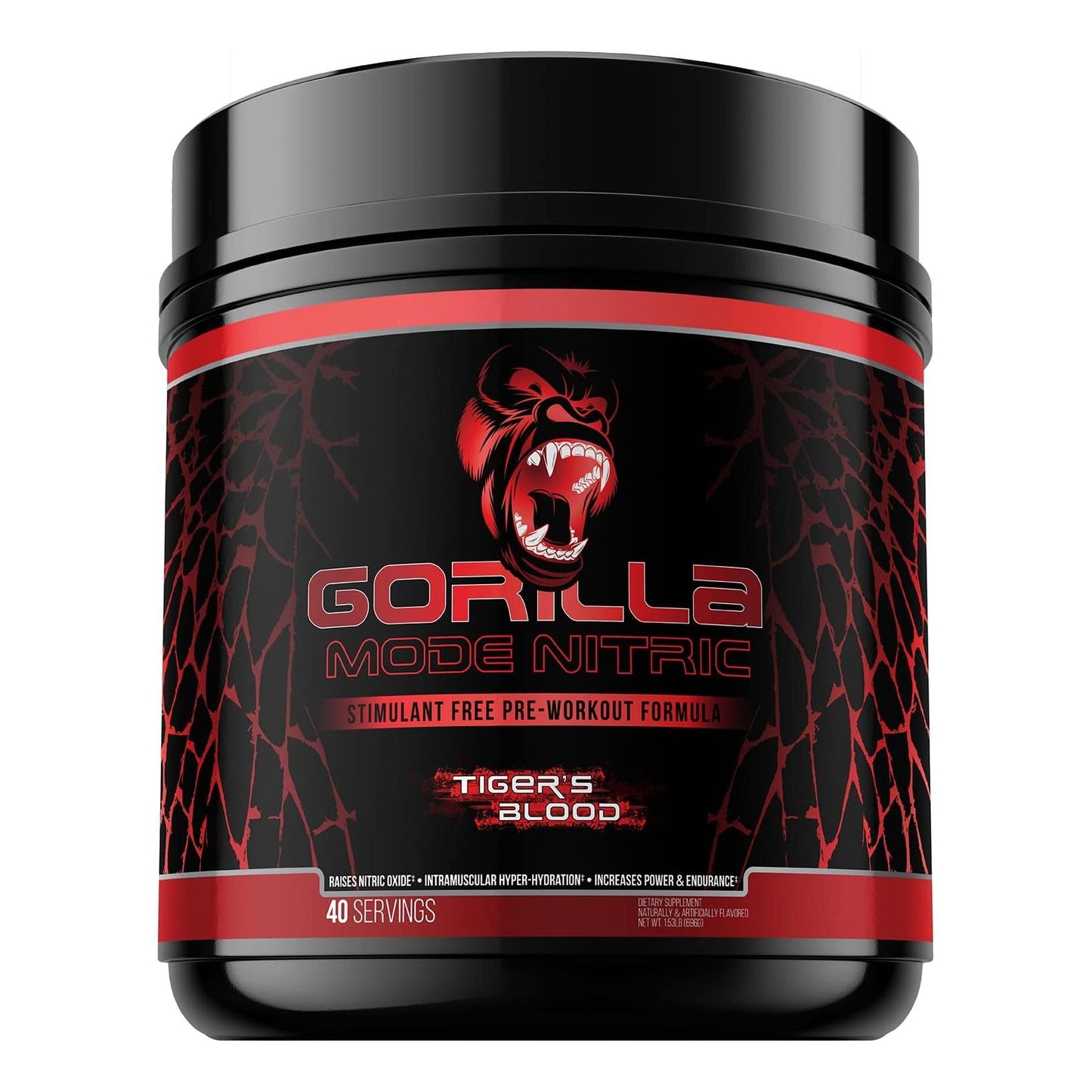 Gorilla Mode Nitric Pre-Workout, Stimulant-Free for Power & Vasodilation (646g, Tigers Blood)