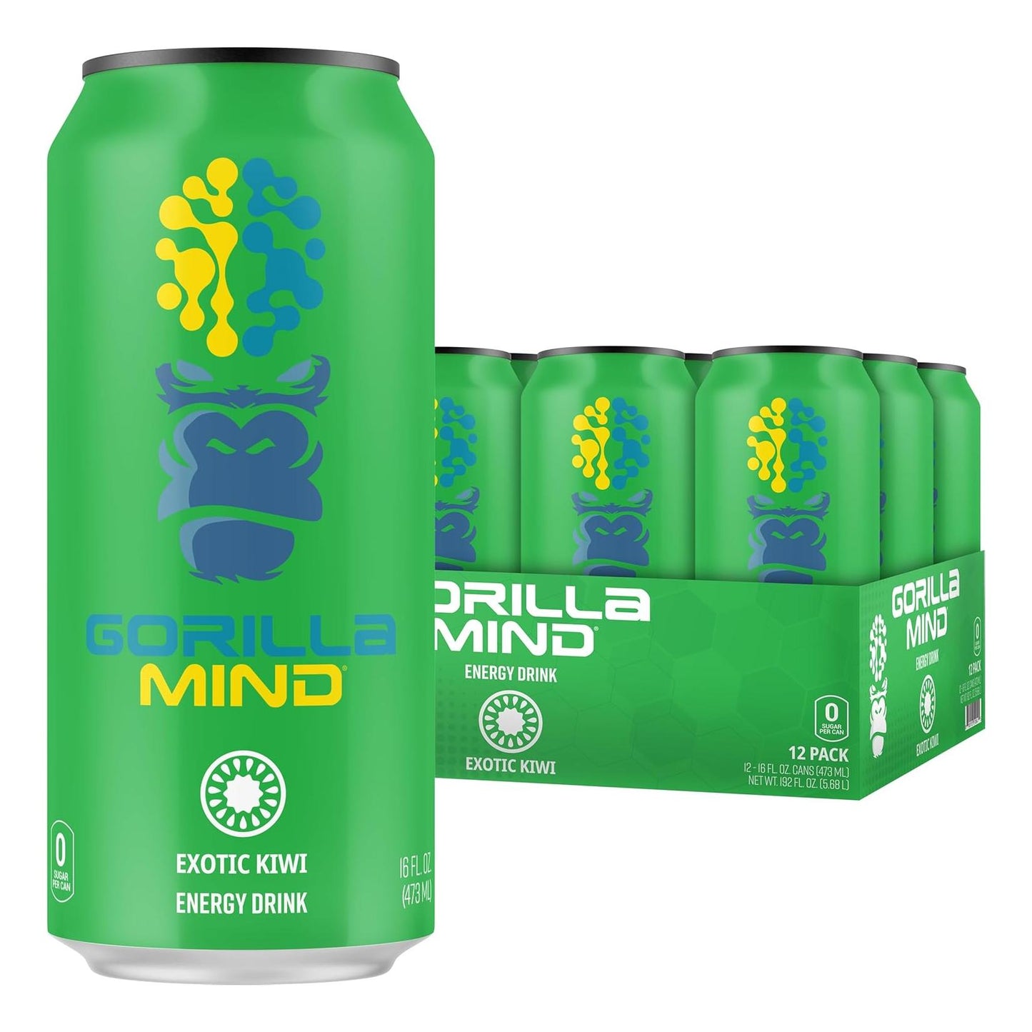 Gorilla Mind Energy Drink: Enhanced Focus, Zero Sugar (Exotic Kiwi, 16oz, 12-Pack)
