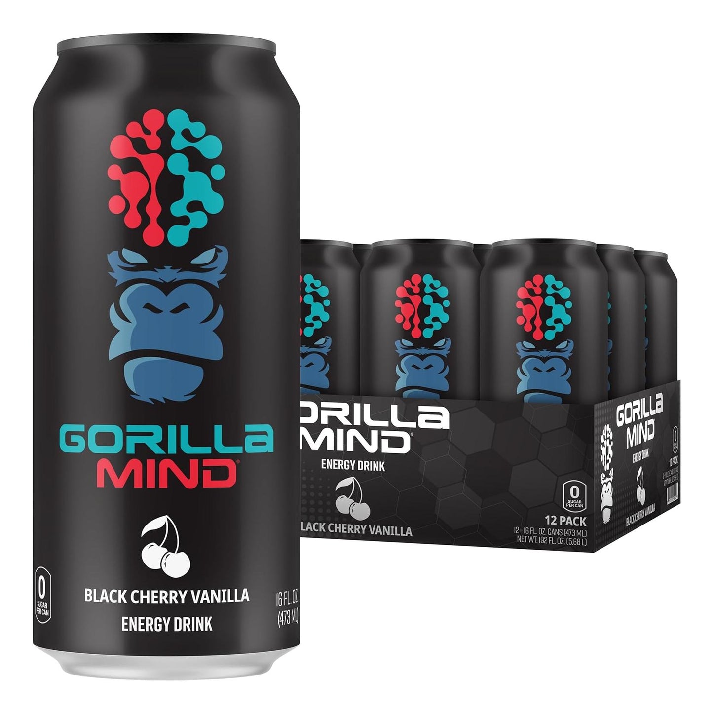 Gorilla Mind Energy Drink with Amplified Focus, Zero Sugar (Black Cherry Vanilla, 16oz, 12-Pack)