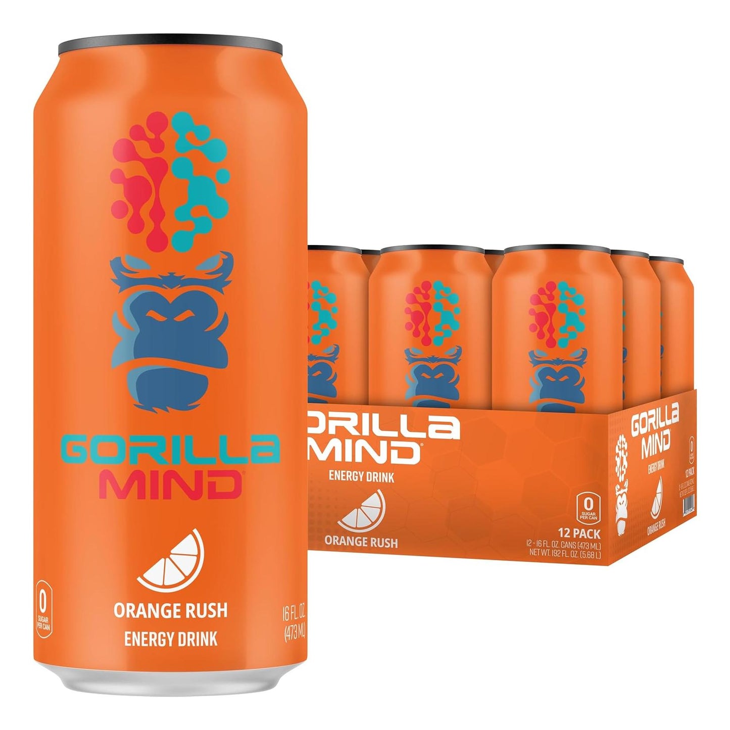 Gorilla Mind Energy Drink, Amplified Focus, Zero Sugar, 16oz (12-Pack, Orange Rush)