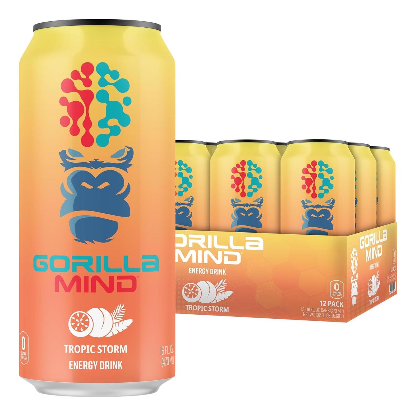 Gorilla Mind Energy Drink for Enhanced Focus, Zero Sugar (Tropic Storm, 16oz, 12-Pack)