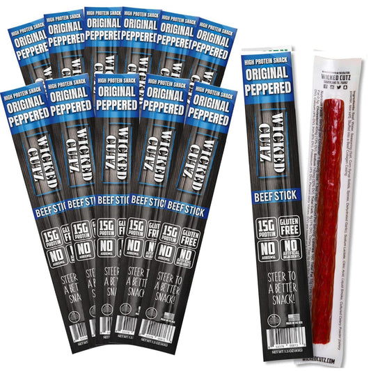 Peppered Beef Sticks - Tender, High Protein, Gluten Free Snack (12 Sticks)